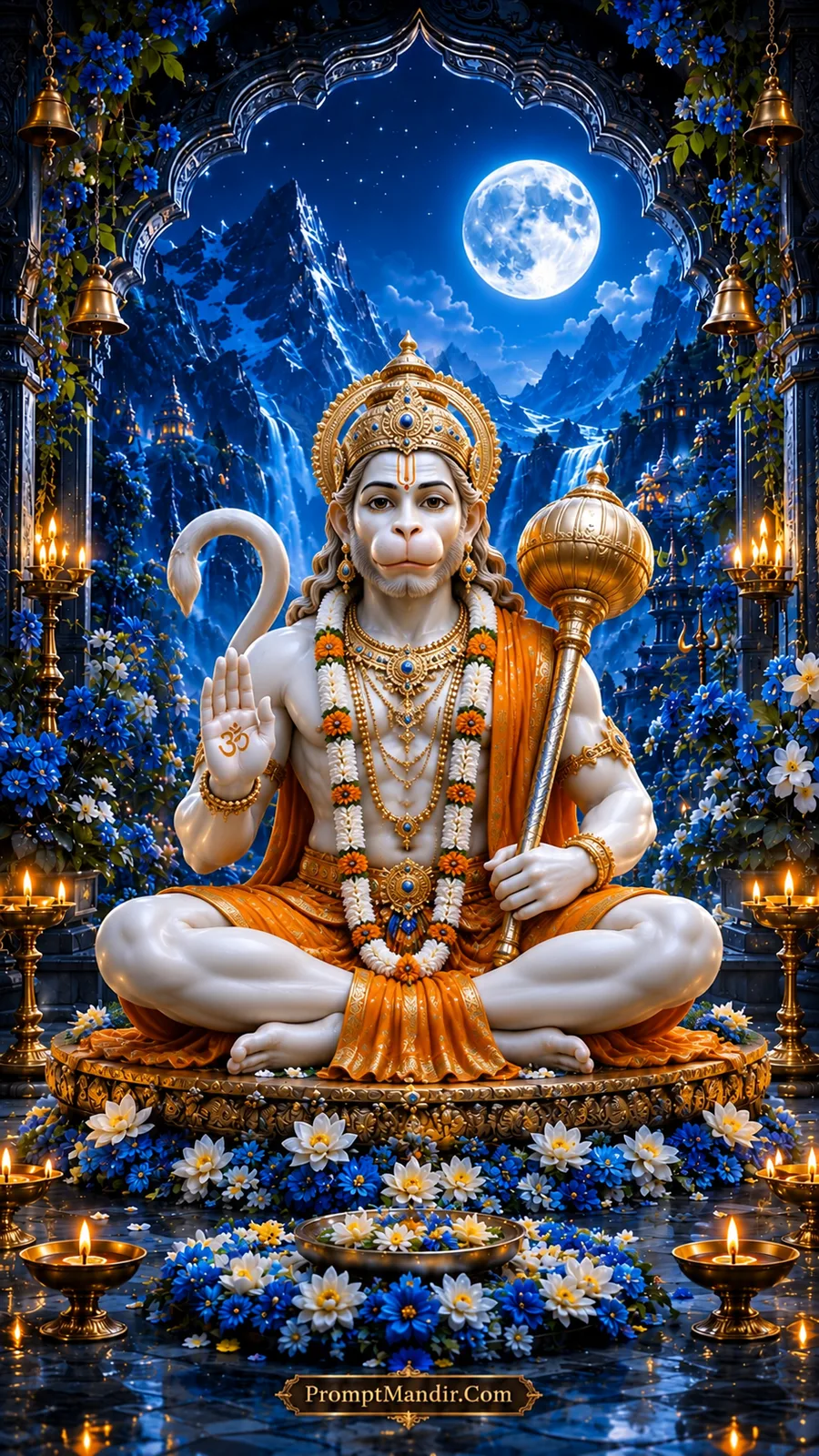 Divine white Lord Hanuman seated in blessing posture on a golden platform under a moonlit Himalayan waterfall archway with a golden Gada