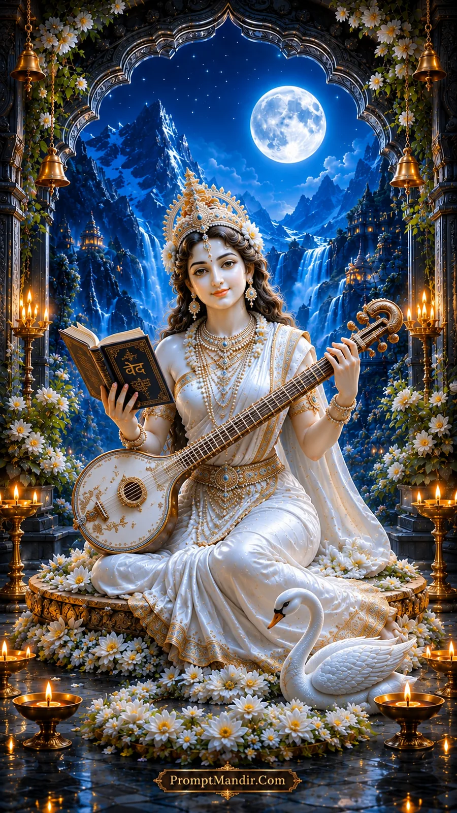 Divine Goddess Saraswati seated in white attire under a moonlit Himalayan archway, playing a veena and holding a Vedas book with a white swan