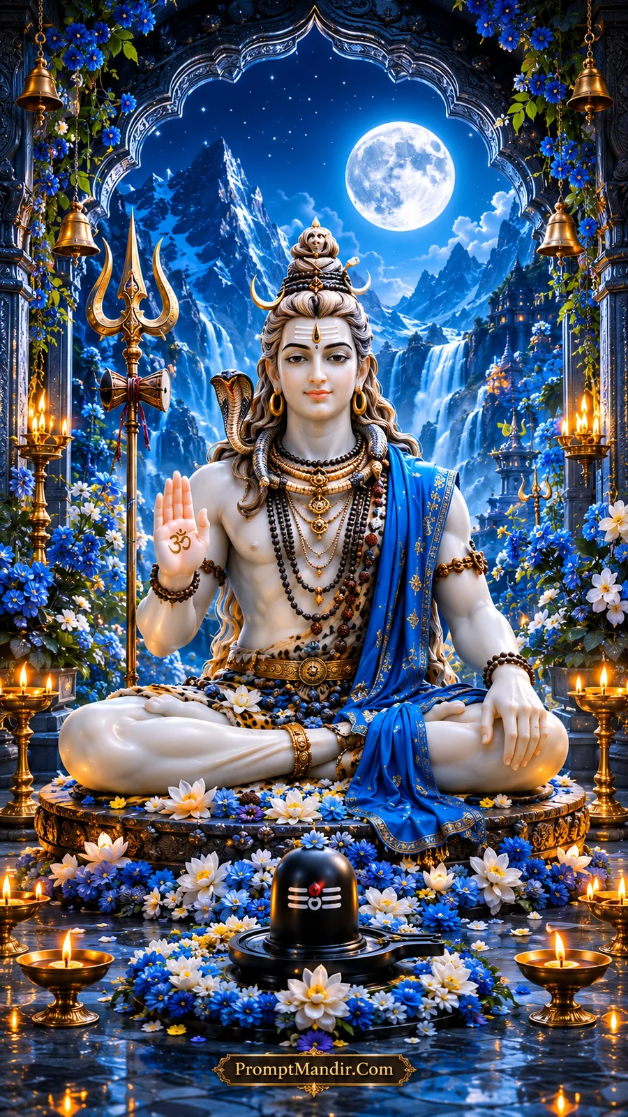 Divine white Lord Shiva seated in lotus pose under a moonlit Himalayan archway, holding a Trishul and Damru, with a Shivling in the foreground