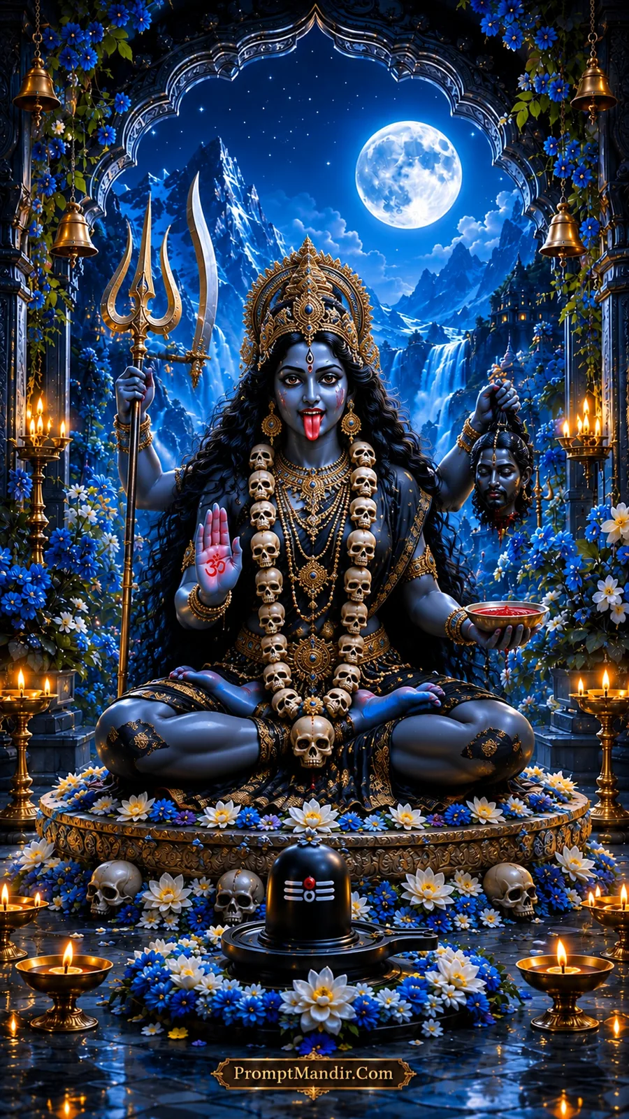 Fierce Goddess Kali seated in dark form under a moonlit Himalayan archway, holding a Trishul, sword, and a severed head with a skull garland