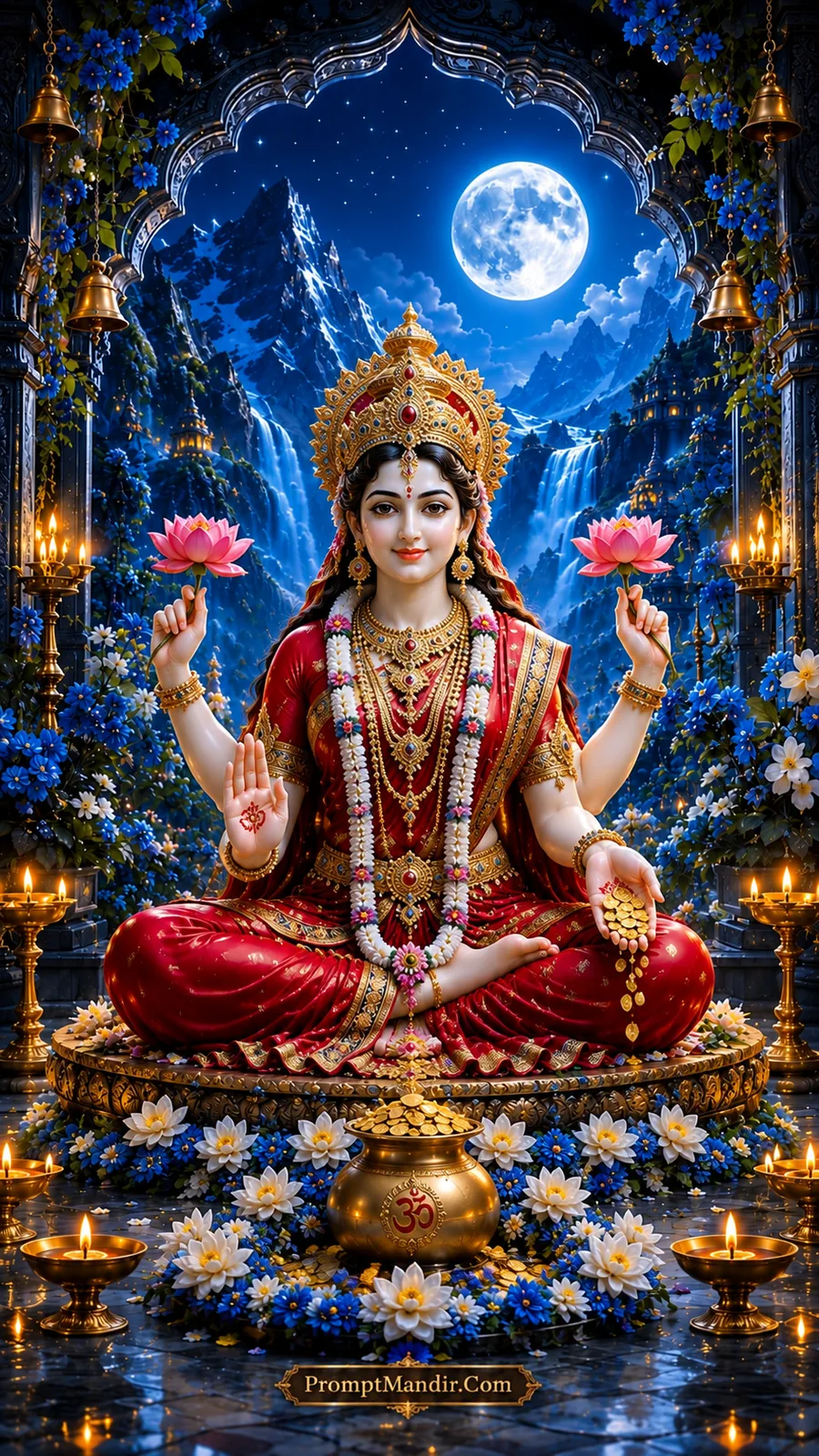 Divine Goddess Lakshmi seated in red attire under a moonlit Himalayan archway, holding lotus flowers and showering gold coins from a golden pot