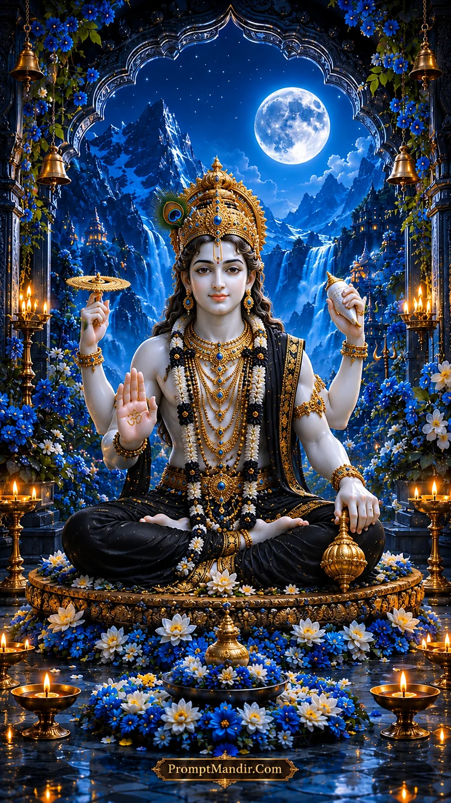 Divine Lord Vishnu seated in black attire under a moonlit Himalayan archway, holding a Sudarshana Chakra, Shankha, and a golden mace
