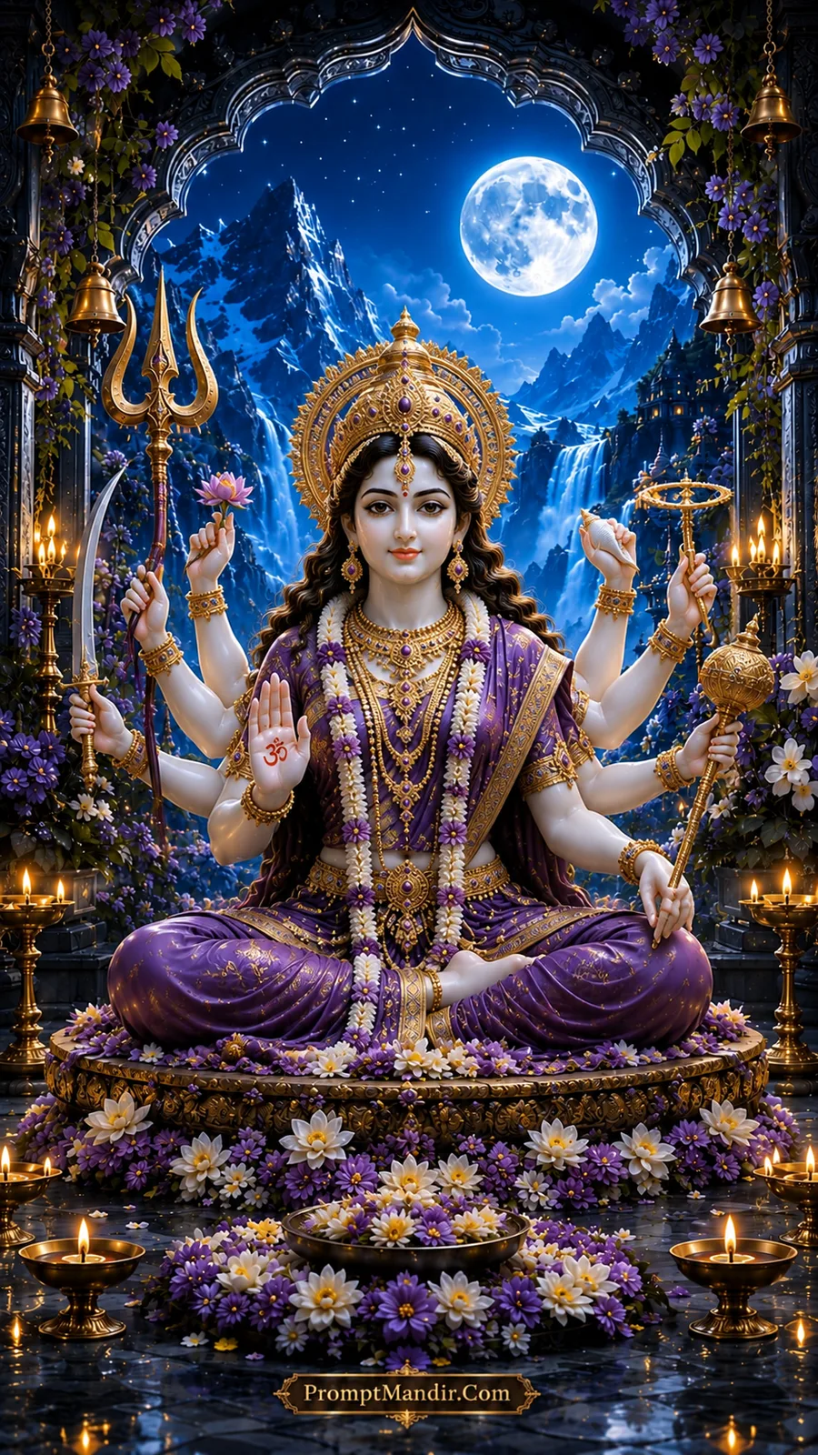 Divine Goddess Durga seated in purple attire with eight arms under a moonlit Himalayan archway, holding a Trishul, sword, lotus, and other divine weapons