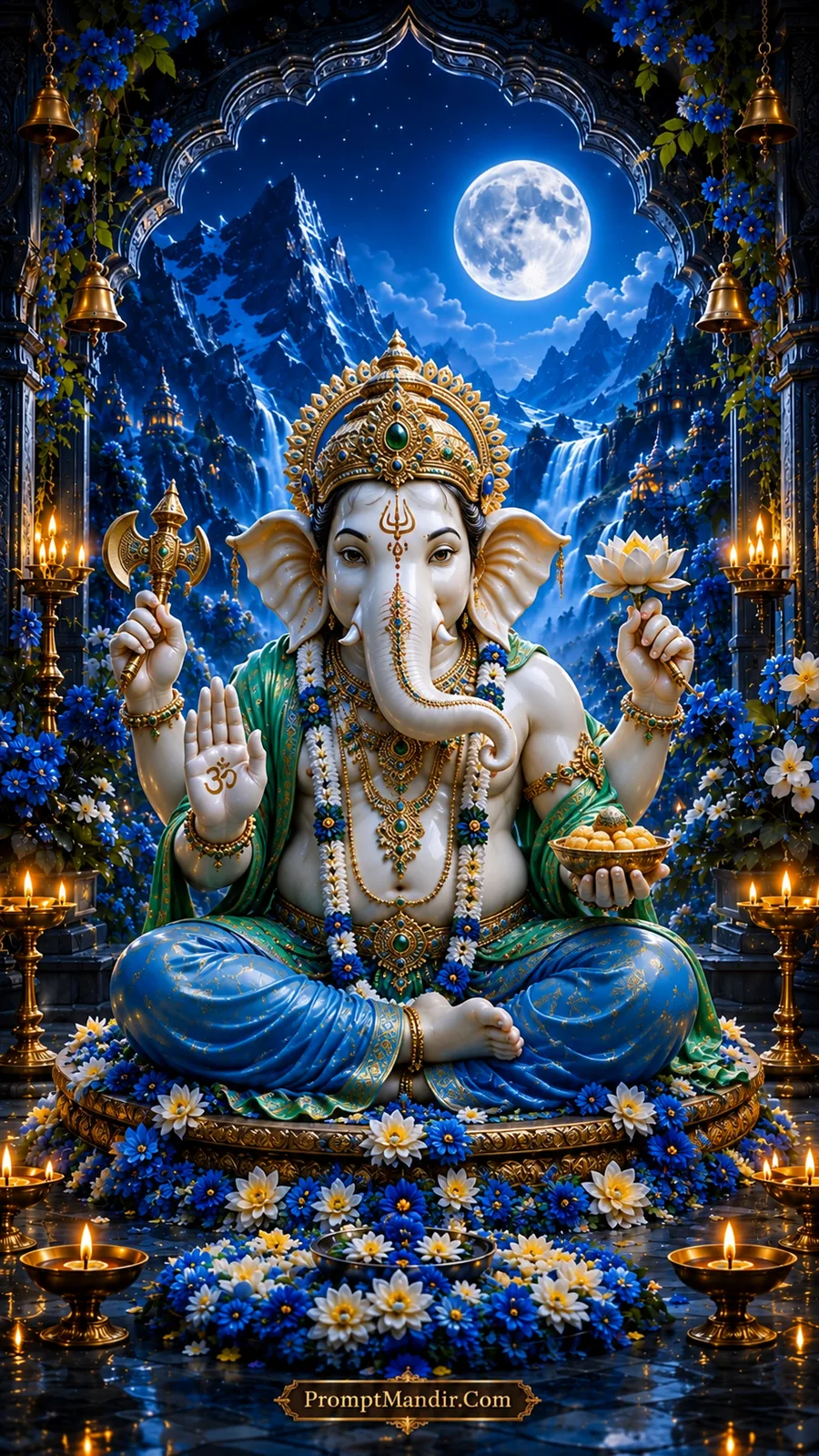 Divine Lord Ganesha seated in blue attire under a moonlit Himalayan archway, holding a lotus, axe, and a bowl of sweets
