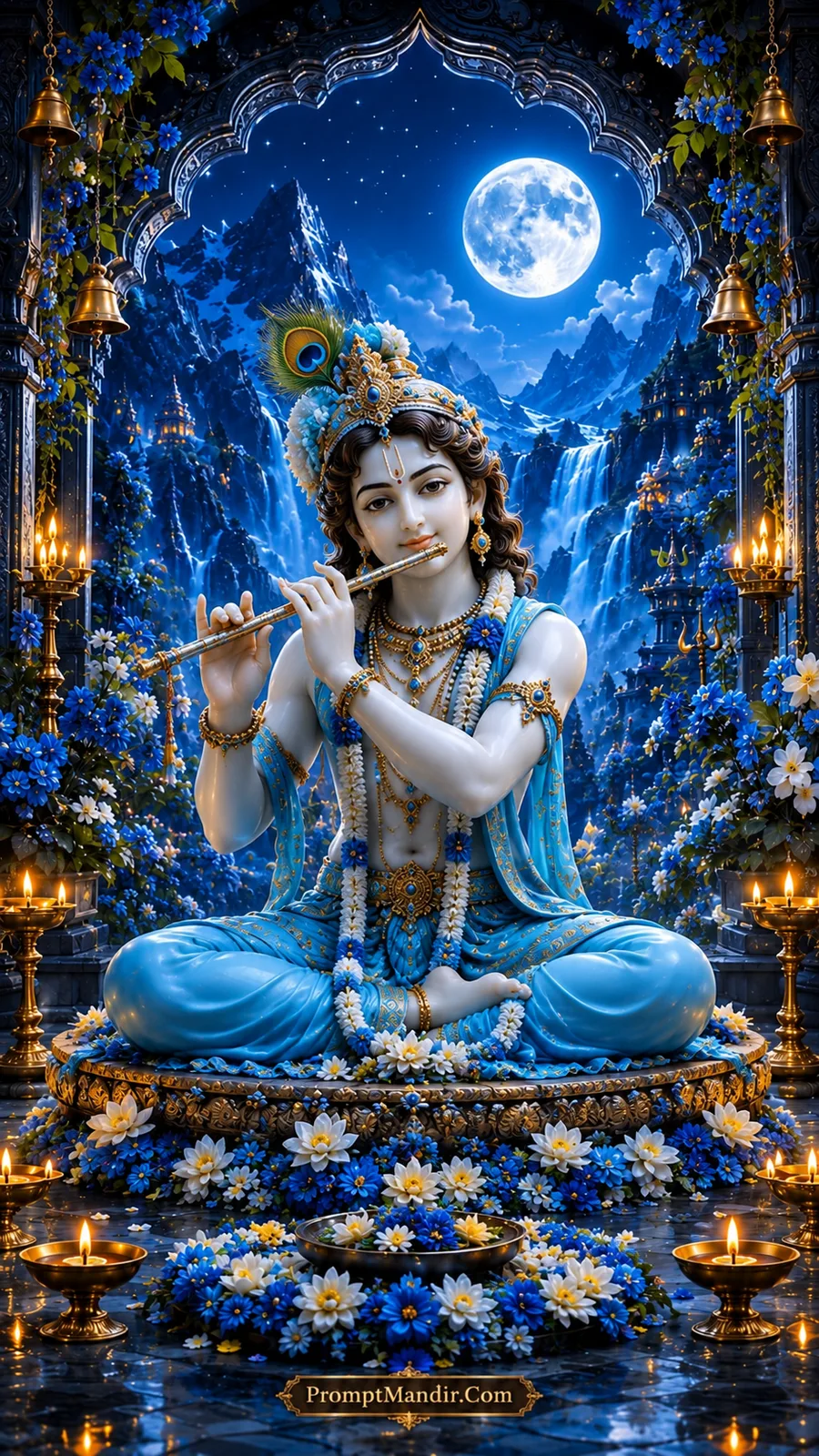 Divine Lord Krishna seated in blue attire under a moonlit Himalayan archway, playing a golden flute with a peacock feather crown