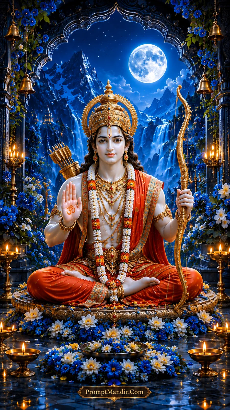 Divine Lord Rama seated in red attire under a moonlit Himalayan archway, holding a golden bow and arrow, with an Om symbol on his palm