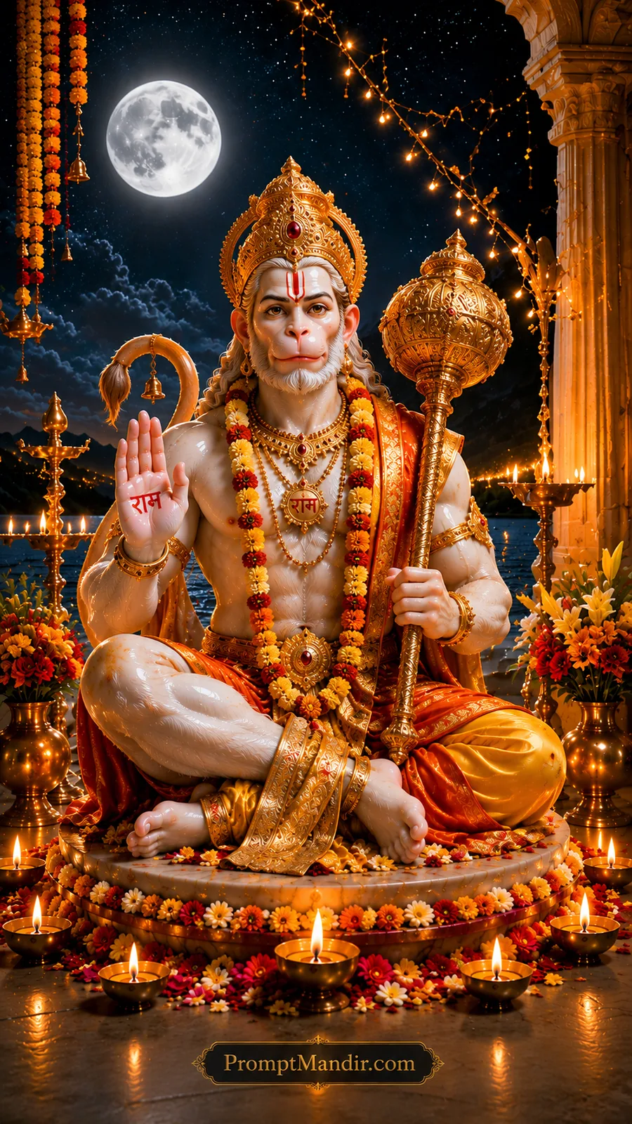 Divine Lord Hanuman seated with golden gada beneath full moon in illuminated temple courtyard