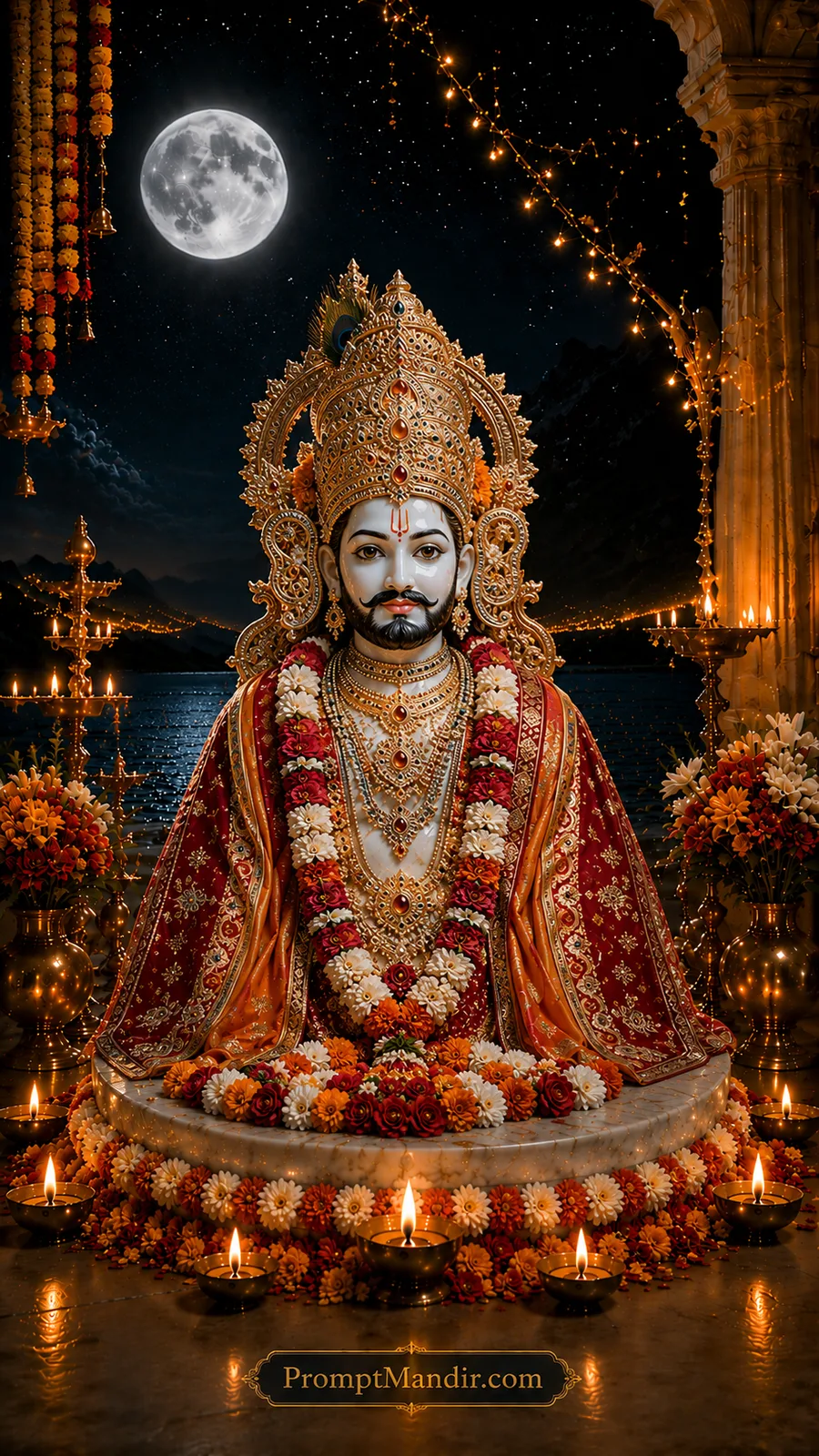 Royal devotional idol adorned with ornate crown and floral garlands in moonlit temple ambiance