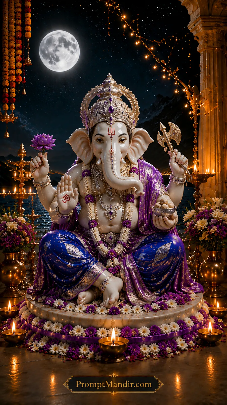 Lord Ganesha holding lotus and sweets wearing elegant purple attire beneath full moon