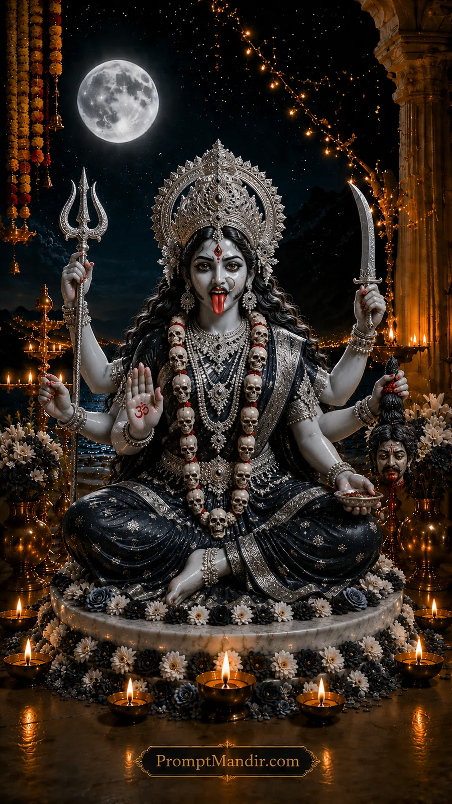 Powerful Goddess Kali seated with trident and sword beneath dramatic moonlit temple surroundings