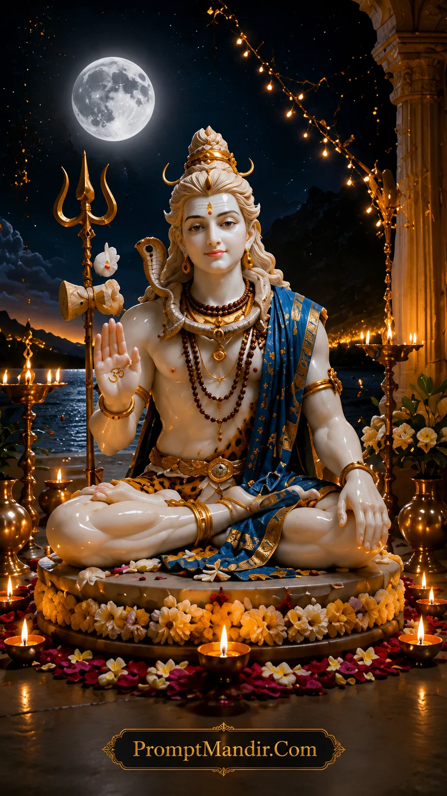 Peaceful Lord Shiva seated with trident and serpent beside glowing temple lamps at night