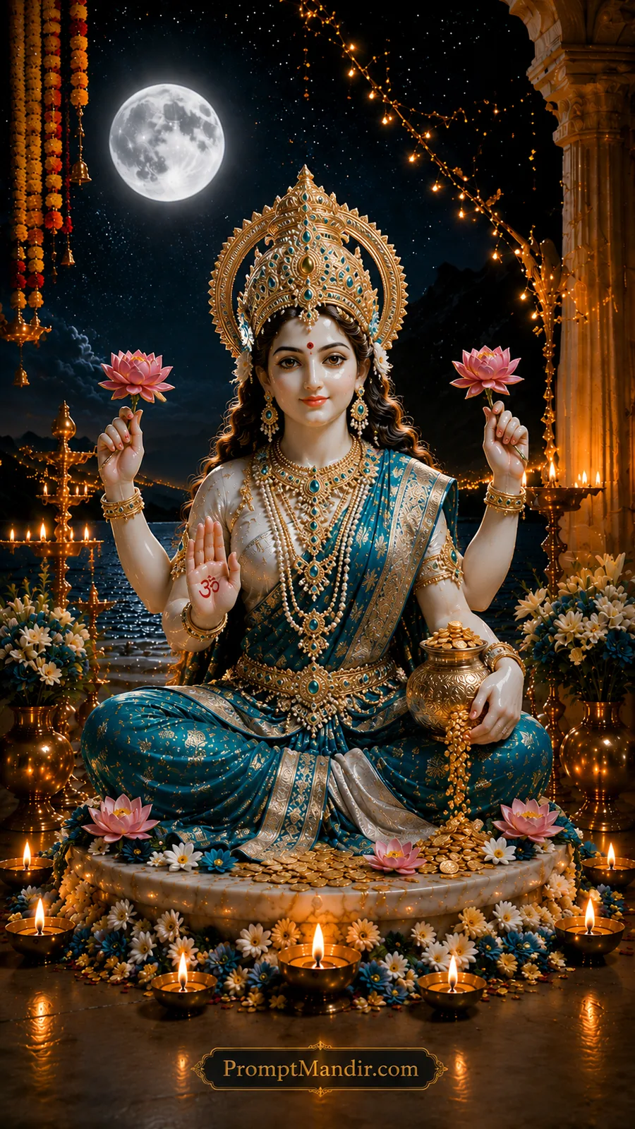 Goddess Lakshmi holding lotus with overflowing golden coins in moonlit temple courtyard