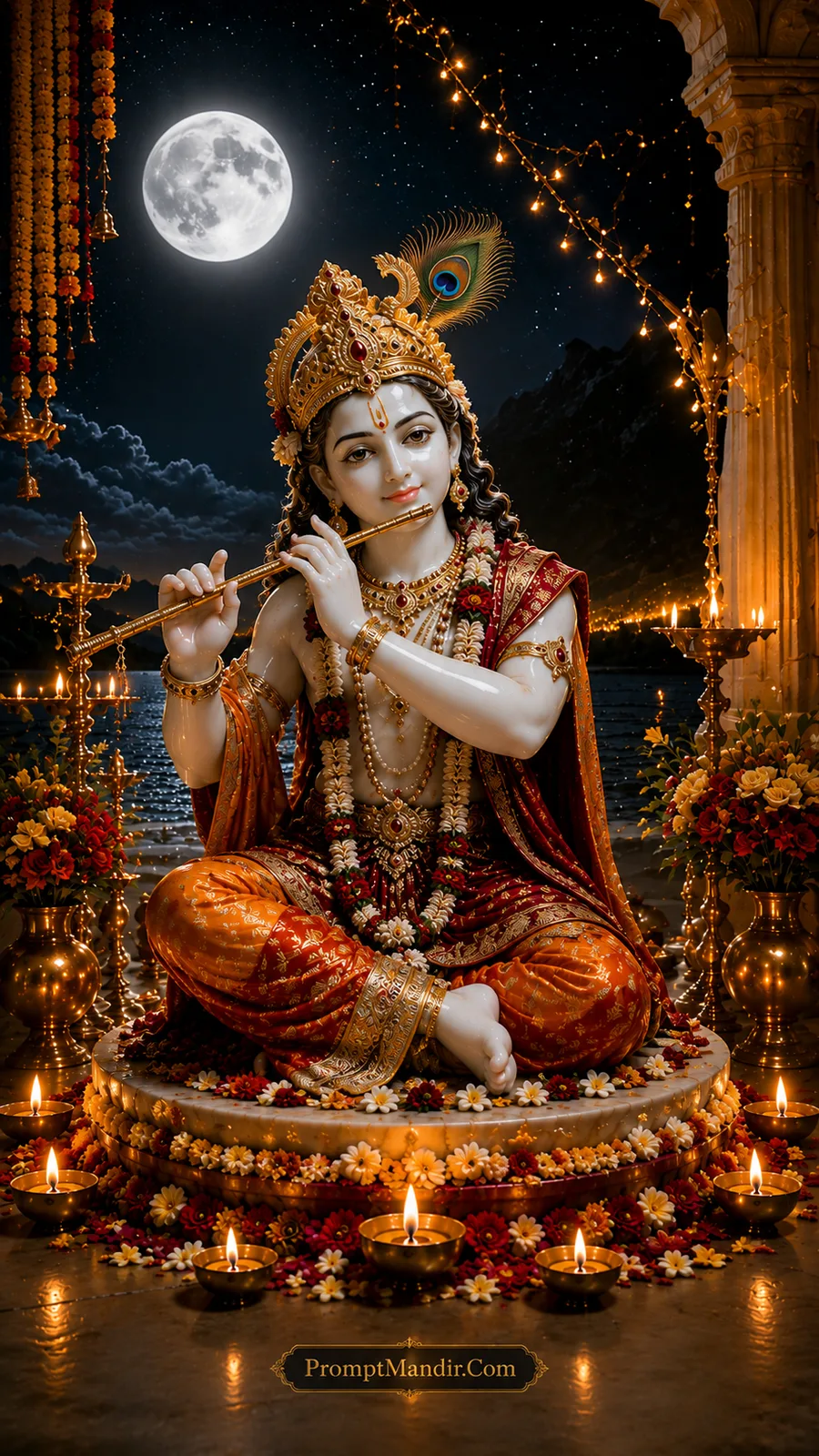 Young Lord Krishna playing flute beneath full moon in beautifully decorated temple courtyard