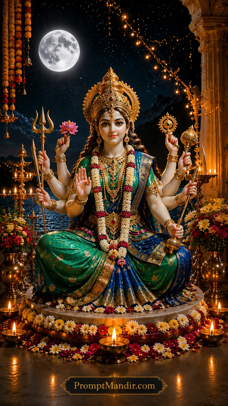 Multi-armed Goddess Durga seated gracefully with sacred weapons and lotus under moonlight