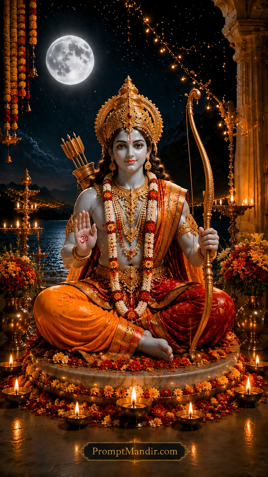 Lord Rama seated holding divine bow beneath full moon with glowing temple lamps