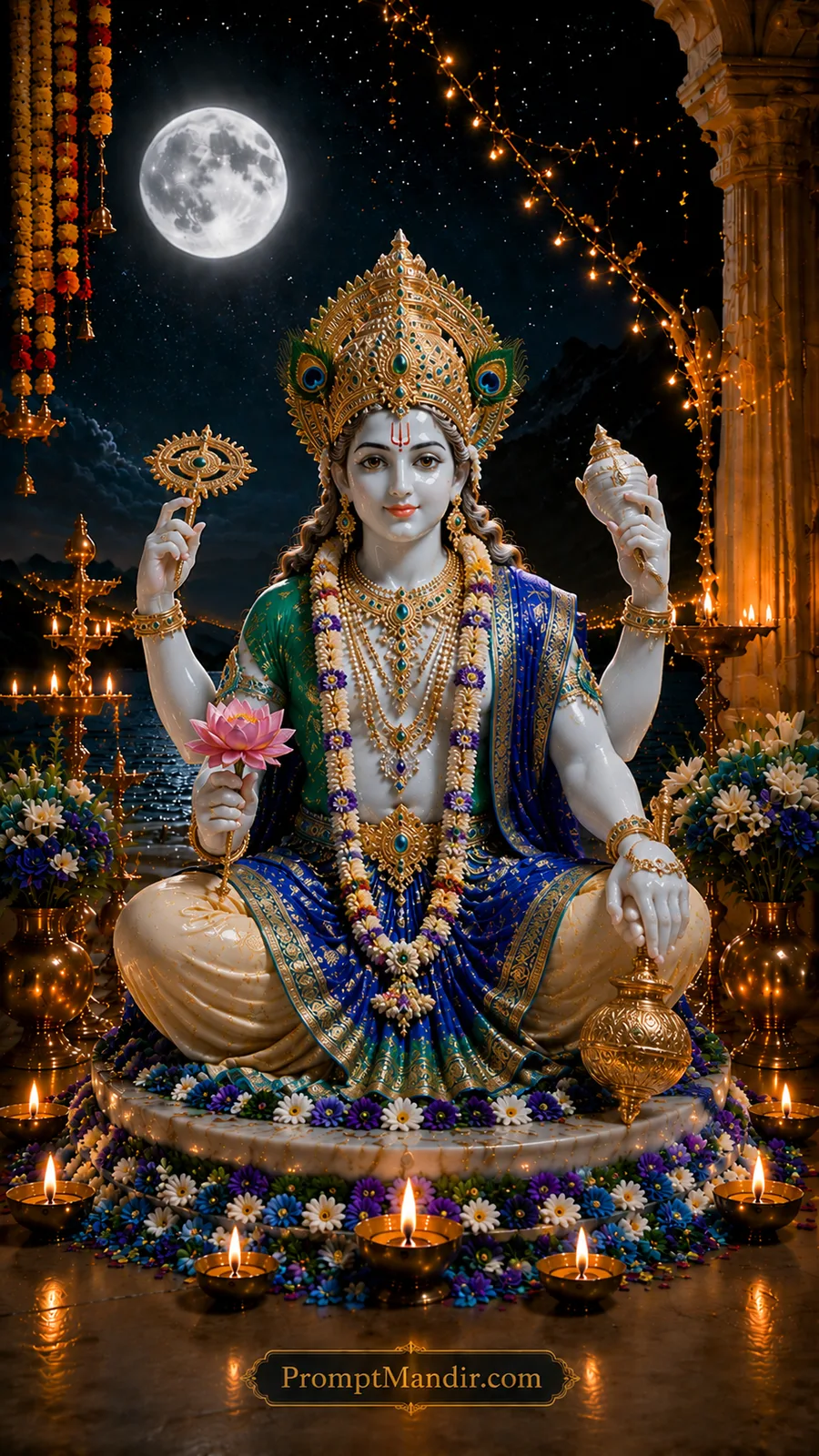 Lord Vishnu holding lotus, conch and chakra in peaceful moonlit temple surroundings