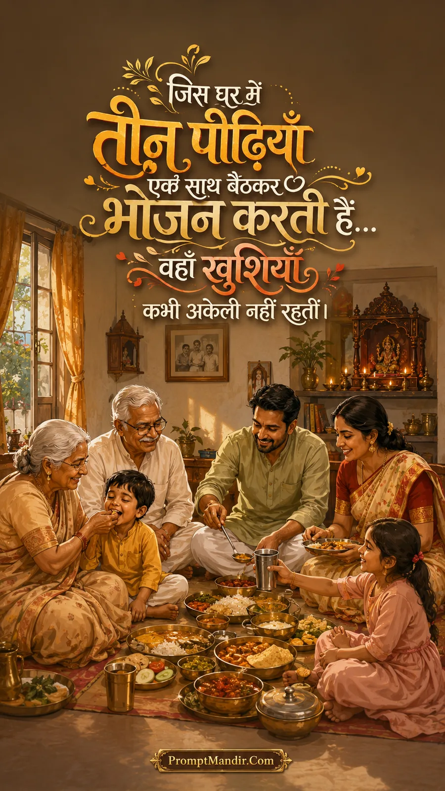 Emotional scene of a three-generation Indian family enjoying a traditional meal together on the floor