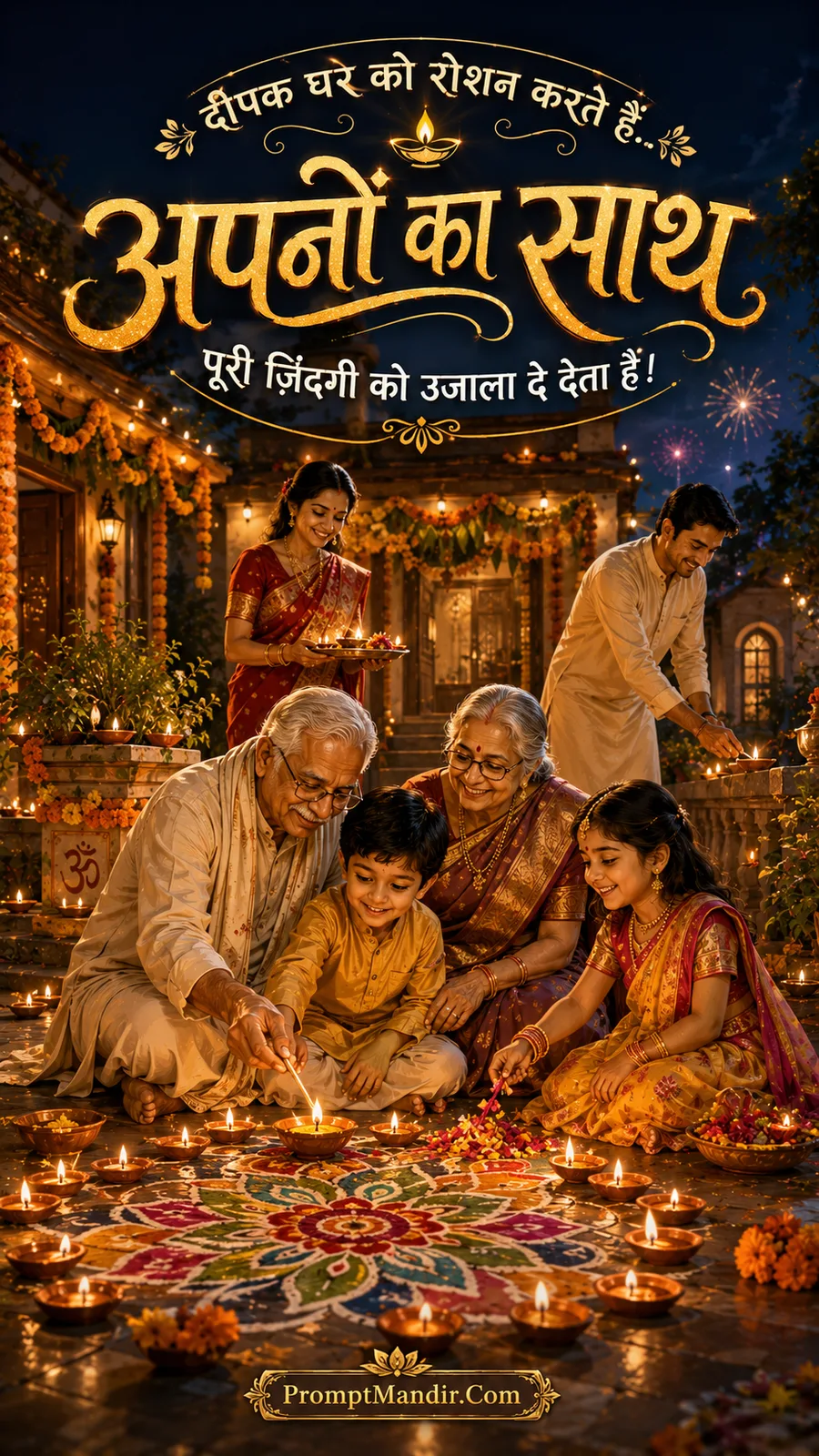 Emotional Diwali scene of a family lighting diyas around a rangoli, with a Hindi message about the light of family togetherness