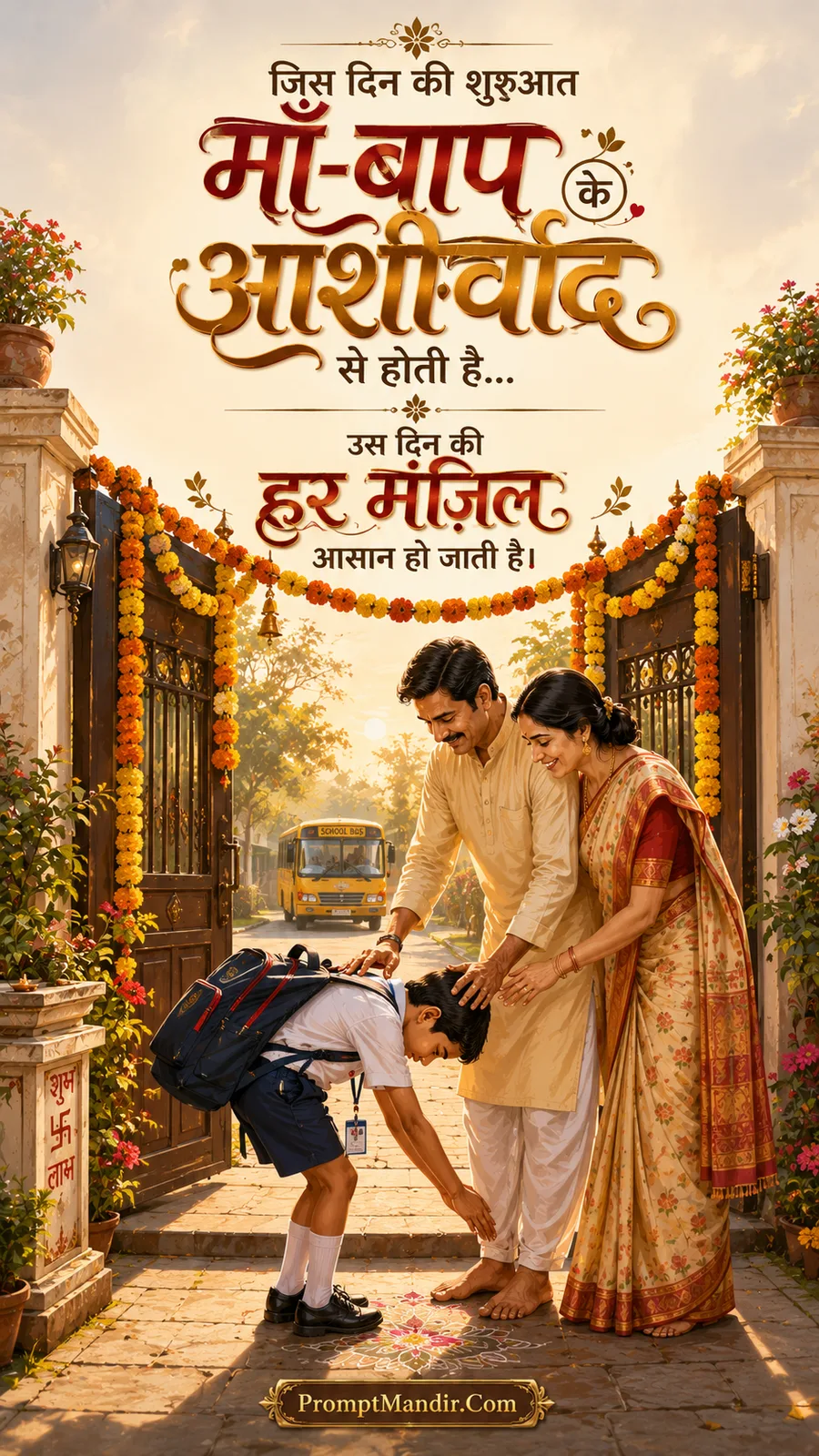 Emotional scene of parents blessing their son as he leaves for school, with a Hindi message about parental blessings