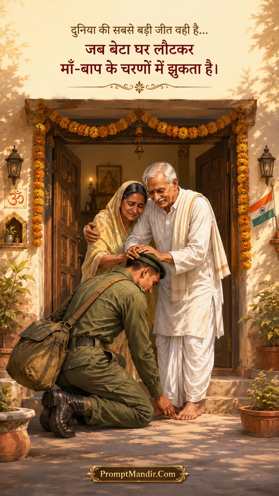 Emotional scene of a soldier son returning home and touching the feet of his parents