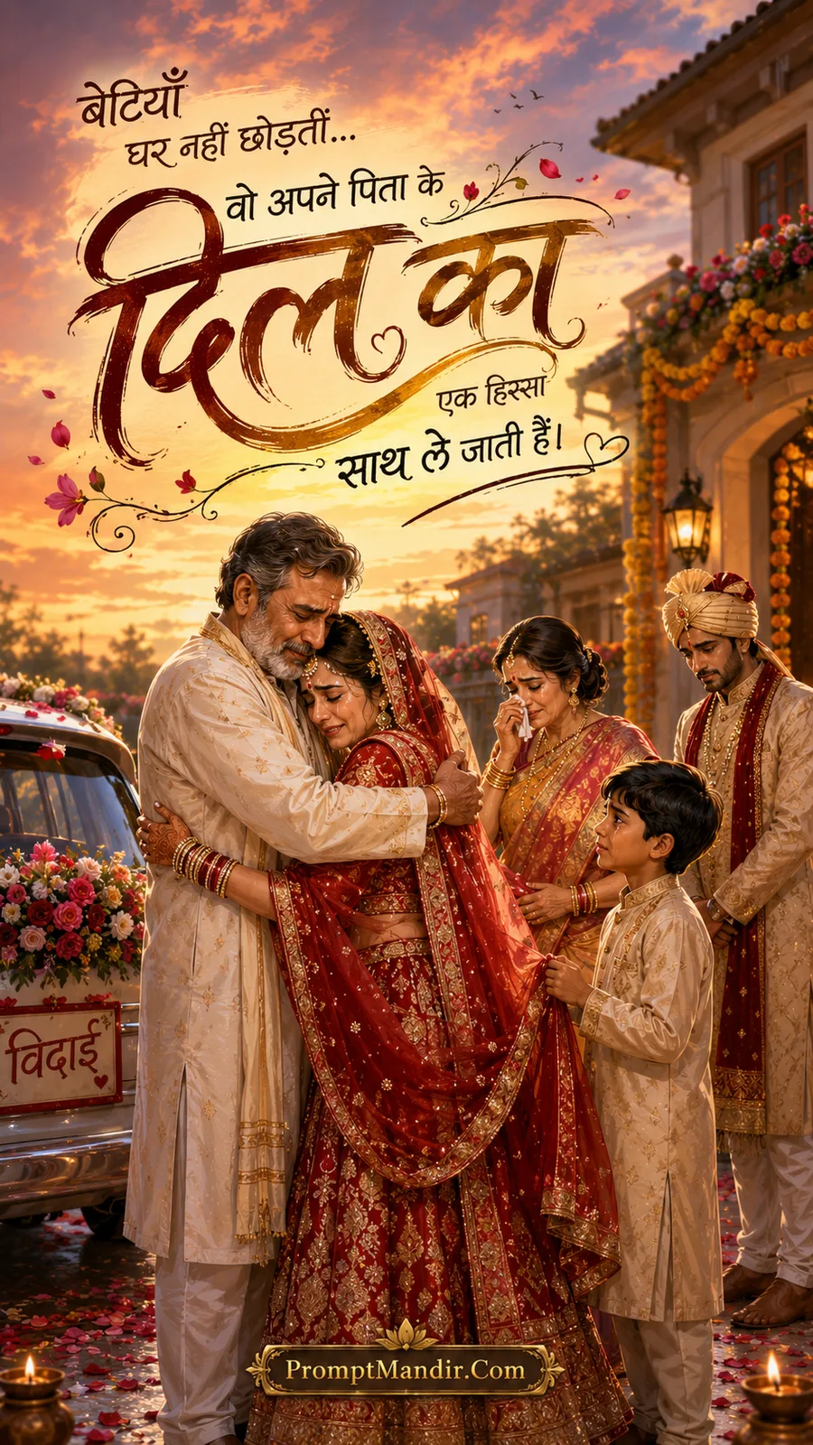 Emotional scene of a father embracing his crying daughter at her wedding Vidaai ceremony