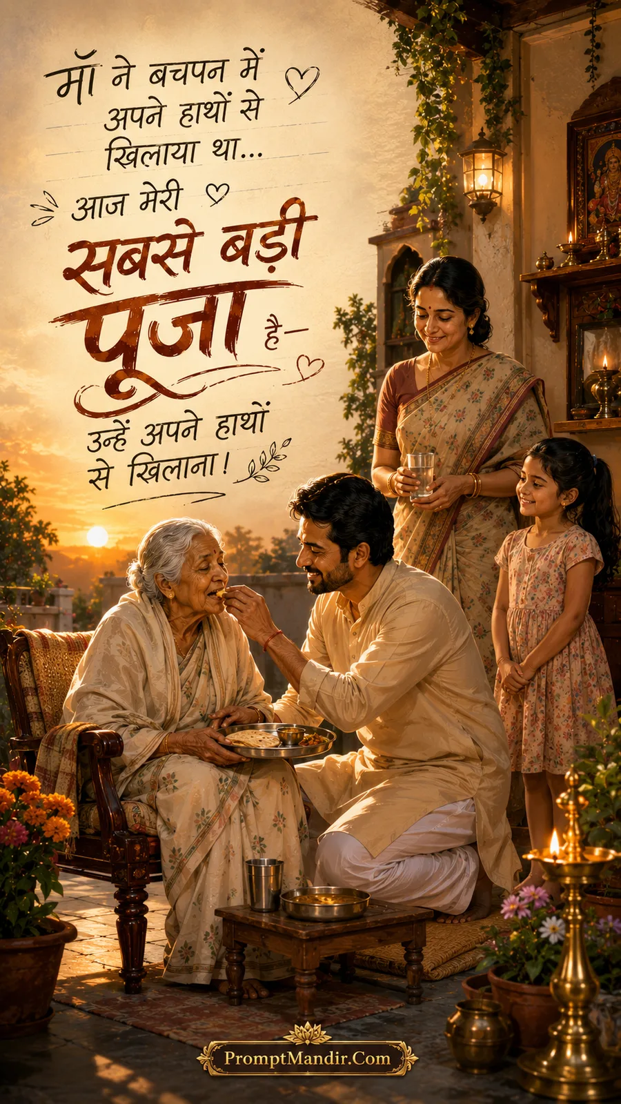 Emotional scene of a son feeding his elderly mother with his own hands, with a Hindi quote about it being his greatest worship