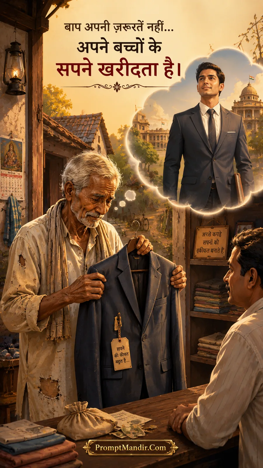 Emotional scene of an elderly father buying a suit for his son's dreams, sacrificing his own needs, with a thought bubble of his son's success