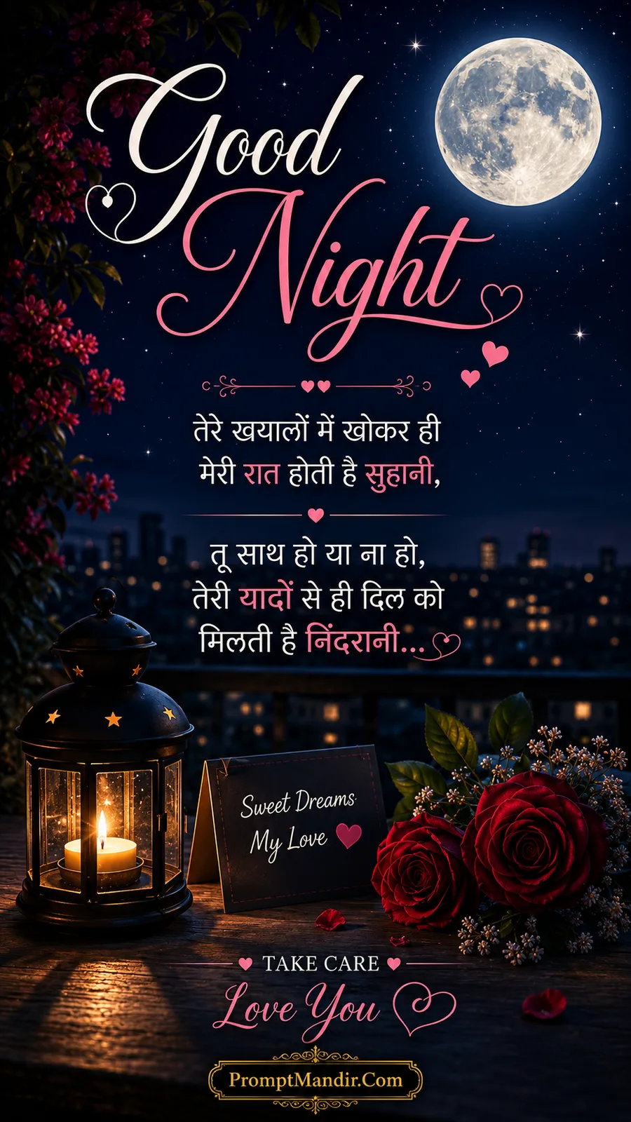 Romantic Good Night scene featuring a glowing star-patterned lantern, red roses, a love note, and a full moon over a city skyline