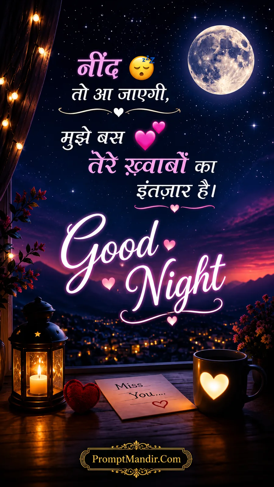 Cozy Good Night scene with a window view, a candle lantern, a heart-shaped mug, a "Miss You" note, and a full moon