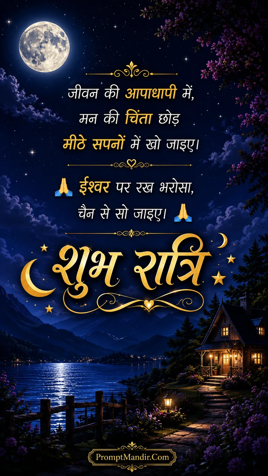 Peaceful Good Night lake landscape with a glowing cottage, a full moon, and an inspirational Hindi quote about trust in God
