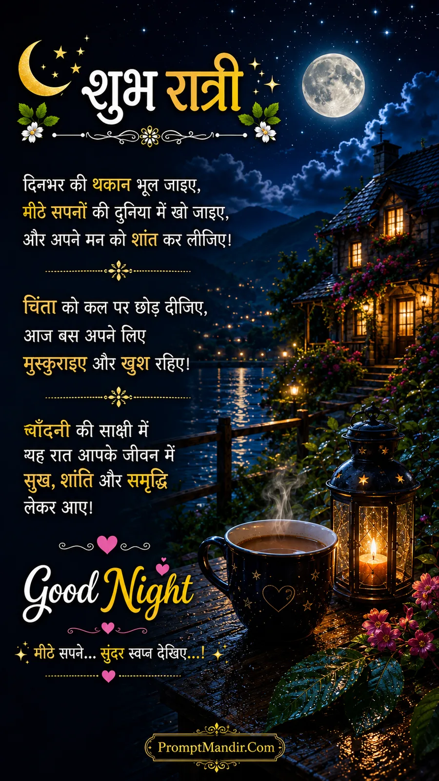 Relaxing Good Night scene with a steaming cup of tea, a lantern, and a view of a peaceful lake house under a full moon