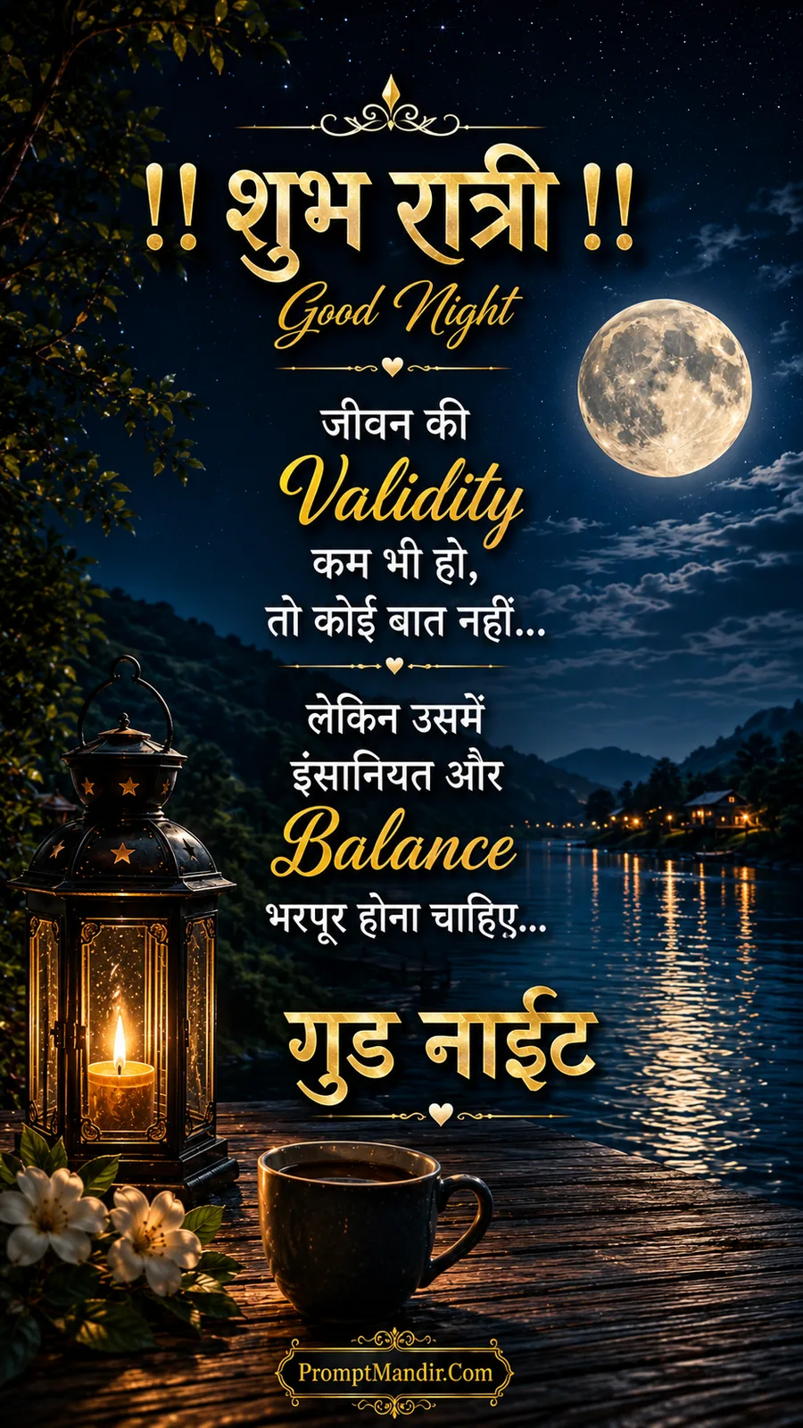 Inspirational Good Night scene with a lantern, a cup of tea, a full moon, and a thoughtful quote about humanity and balance