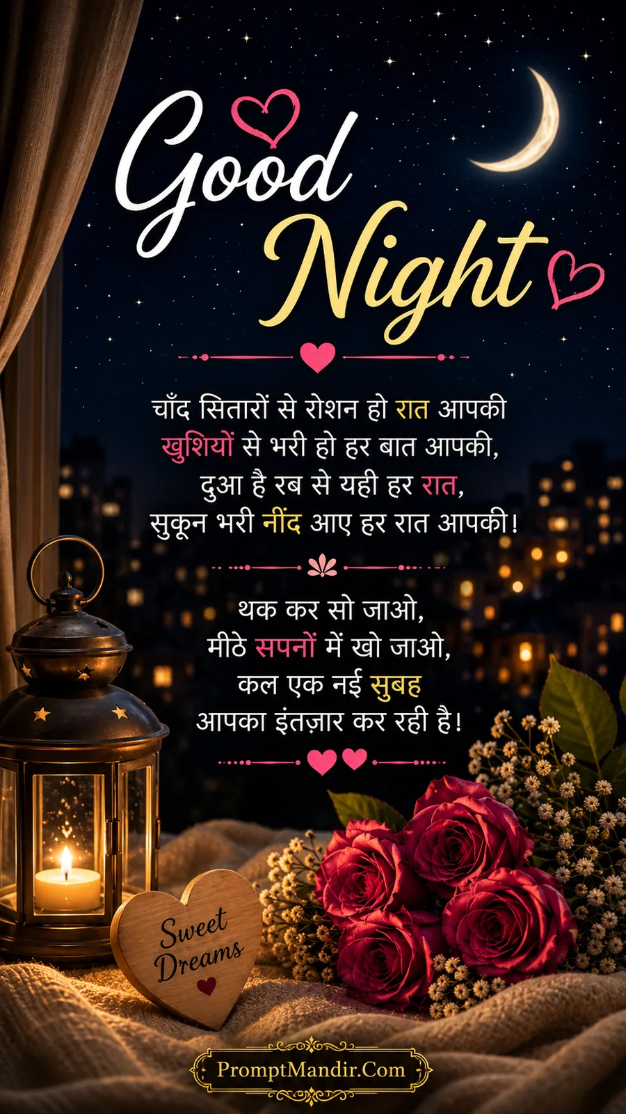 Romantic Good Night scene with a heart-shaped wooden sign, red roses, a lantern, and a poetic Hindi prayer