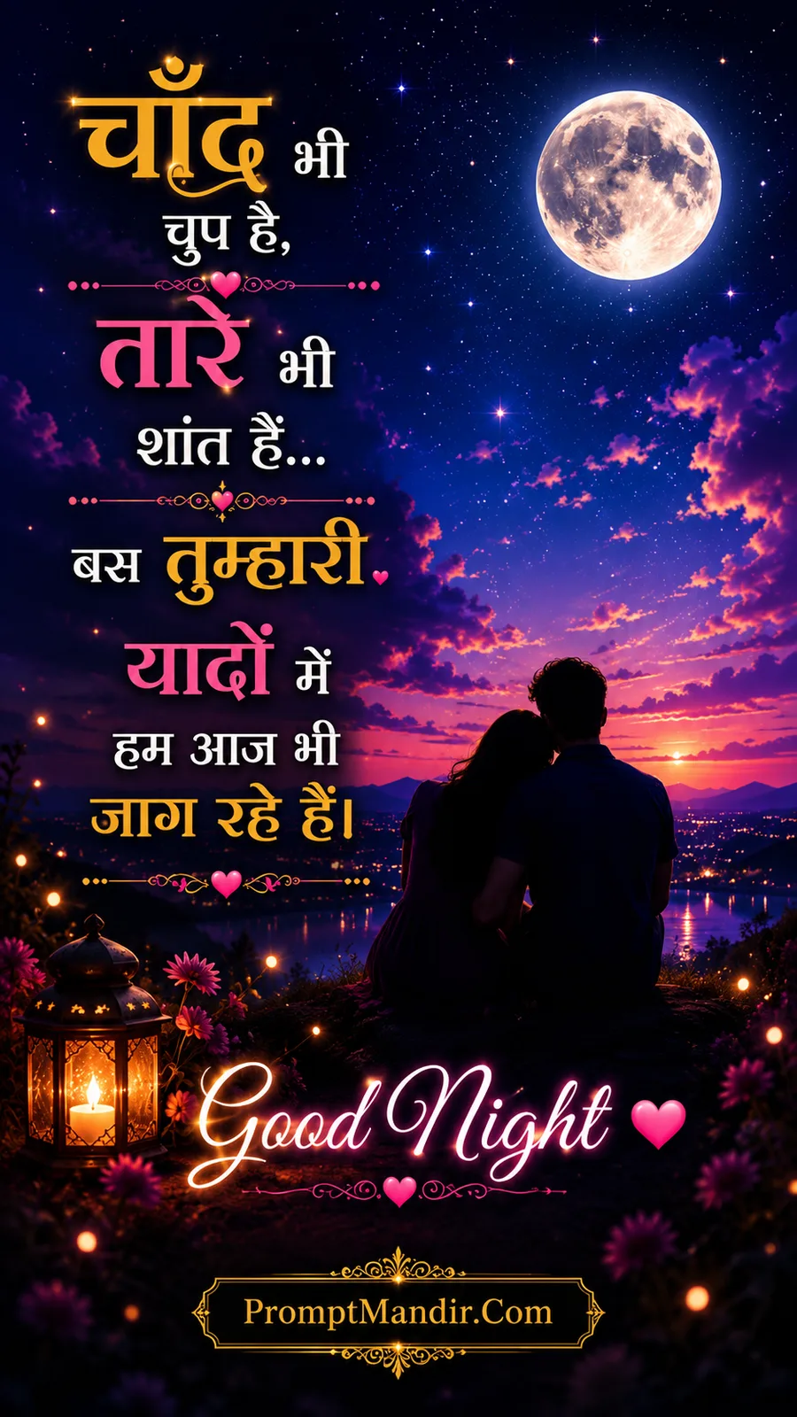 Romantic Good Night silhouette of a couple sitting together, with a lantern, full moon, and a heartfelt shayari