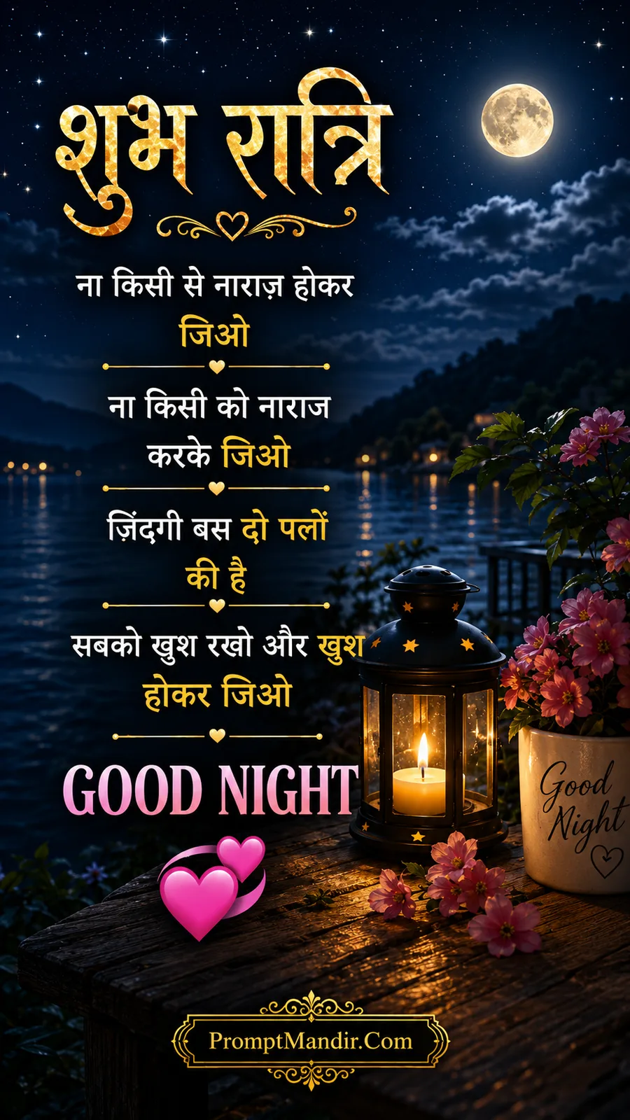 Inspirational Good Night scene with a lantern, pink flowers, a full moon, and a quote about living a happy and peaceful life