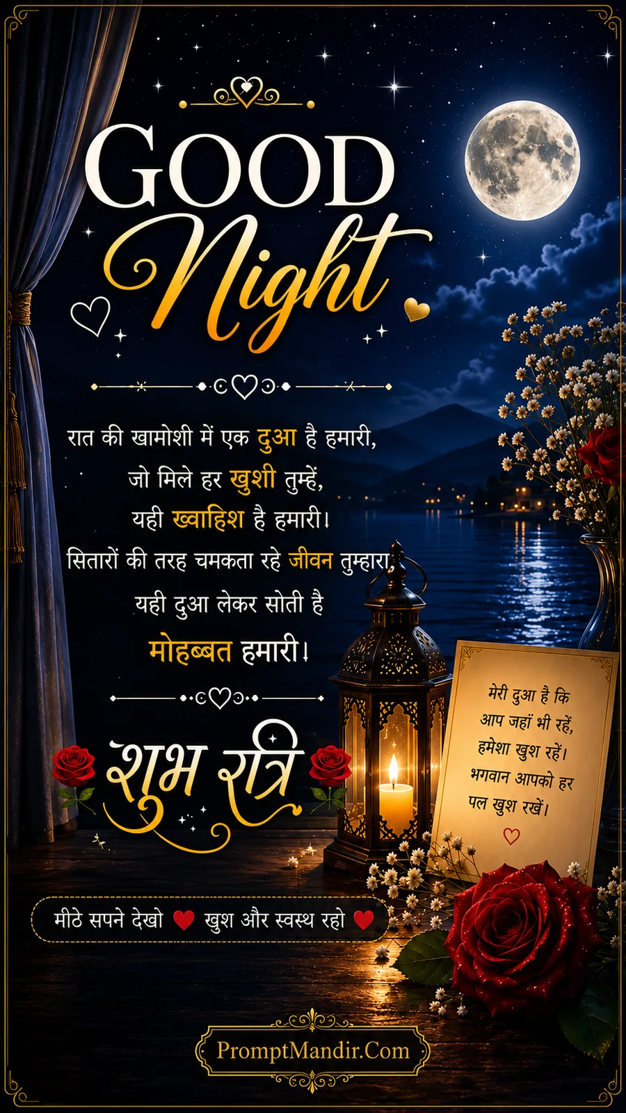 Romantic Good Night scene with a vintage lantern, a handwritten note, red roses, and a prayer for happiness under a full moon