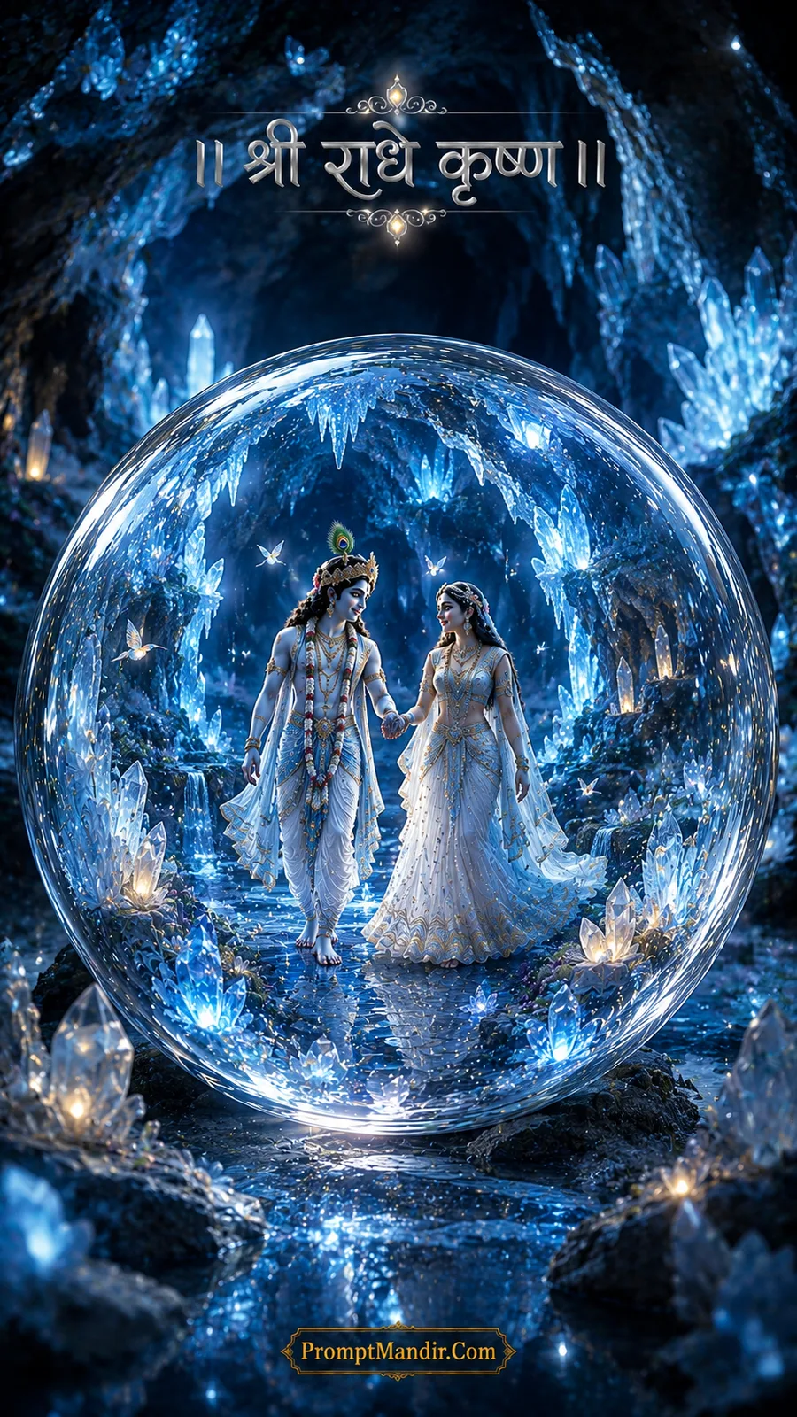 Divine Radha Krishna walking hand-in-hand inside a magical crystal globe in a glowing blue crystal cave with butterflies