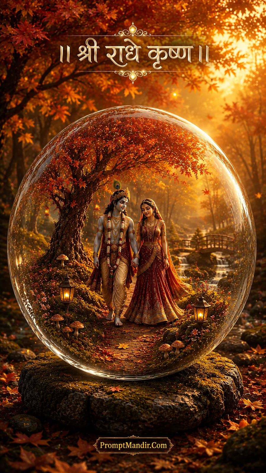 Divine Radha Krishna walking through a golden autumn forest inside a crystal globe with maple leaves and fairy lights