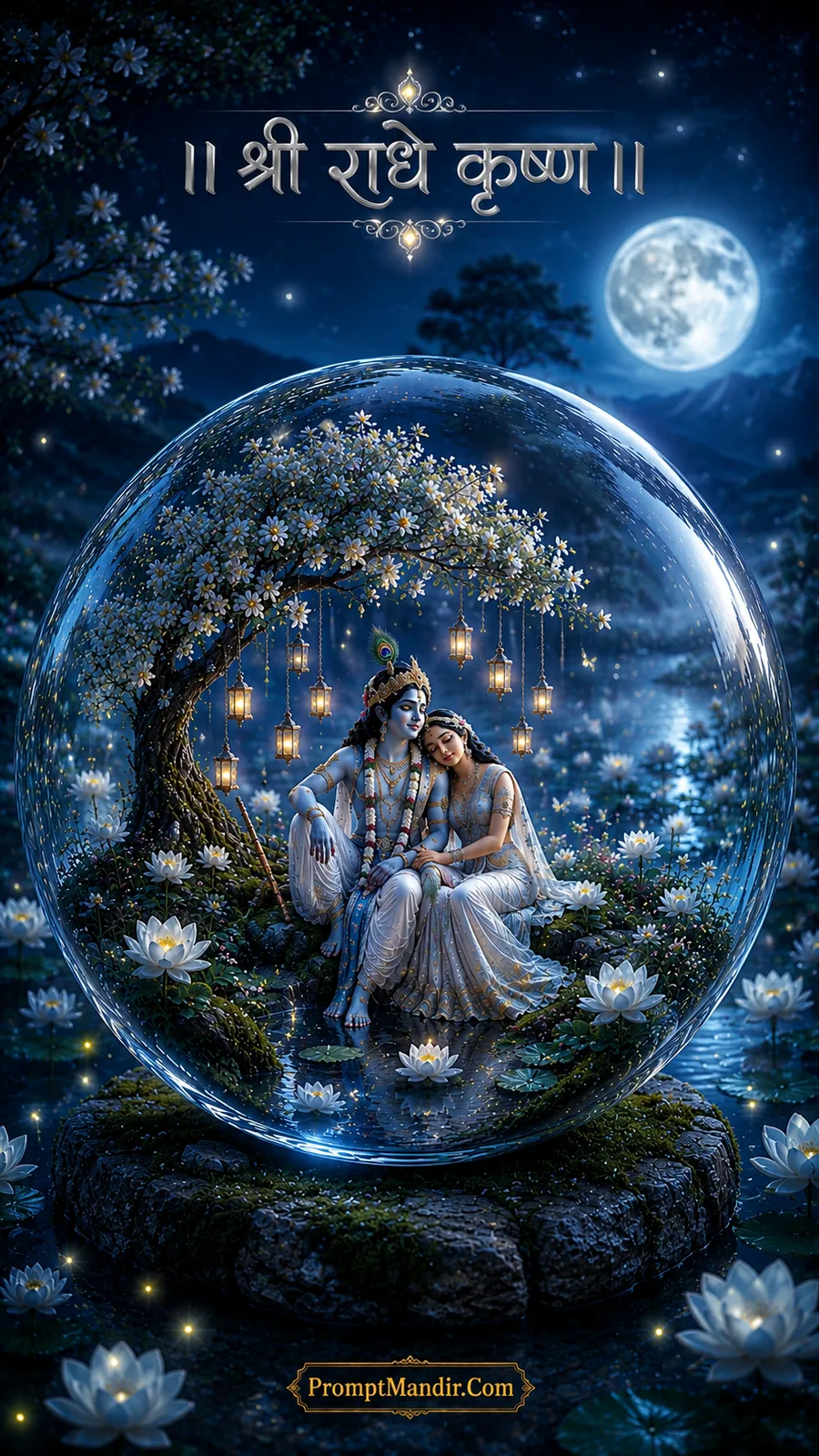 Divine Radha Krishna sitting peacefully under a blooming tree inside a crystal globe on a full moonlit night with lotus flowers