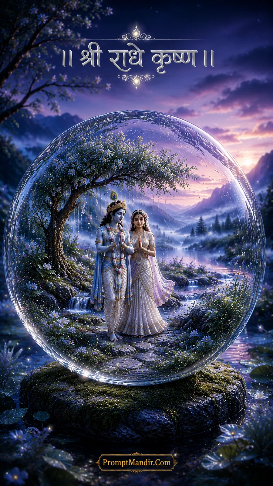 Divine Radha Krishna standing in prayer under a floral tree inside a crystal globe with a purple twilight mountain landscape