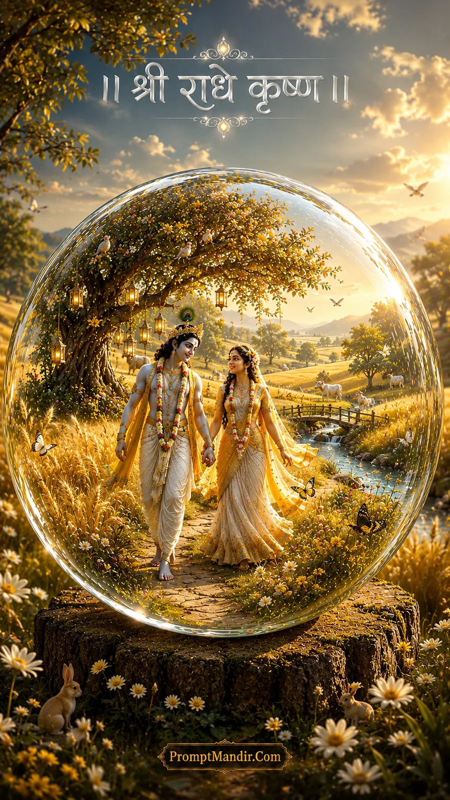 Divine Radha Krishna walking in golden wheat fields inside a crystal globe with butterflies and grazing cows at sunset
