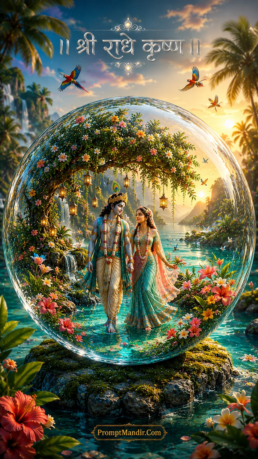 Divine Radha Krishna walking hand-in-hand through a tropical water garden inside a crystal globe with parrots and waterfalls