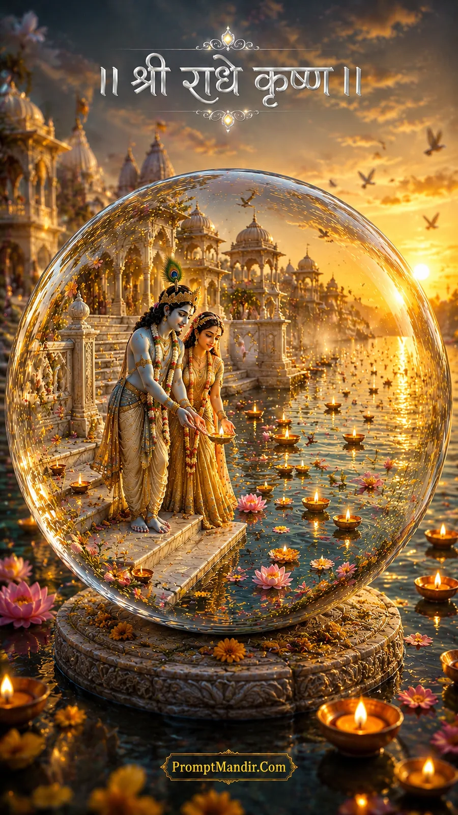 Divine Radha Krishna releasing a glowing diya into a holy river from temple steps inside a crystal globe at golden sunset