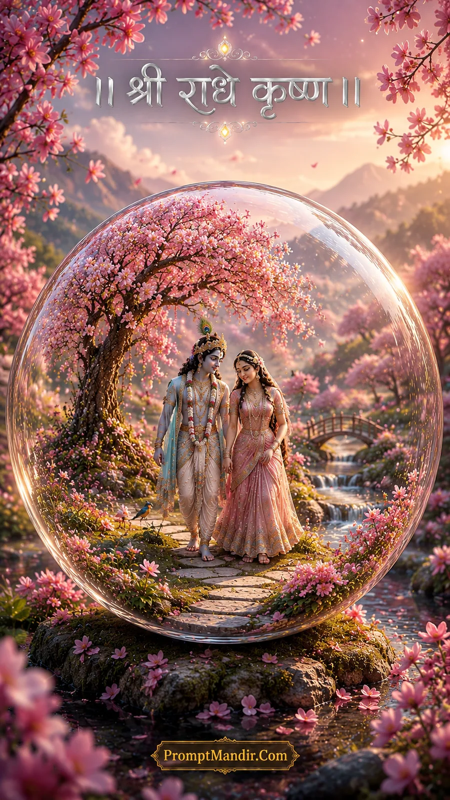 Divine Radha Krishna walking through a cherry blossom pink forest inside a crystal globe with a stone bridge and a stream