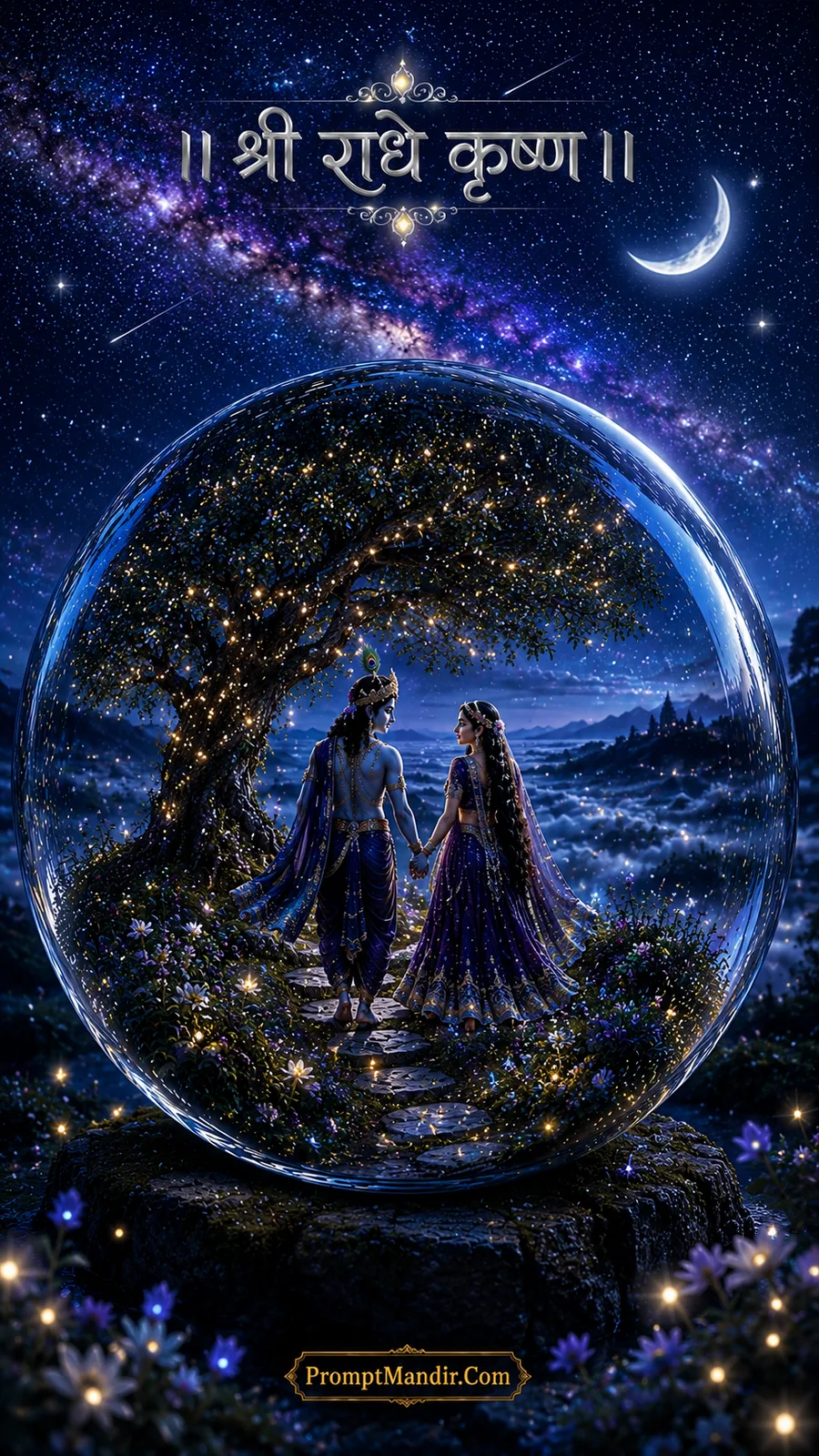 Divine Radha Krishna walking hand-in-hand through a starry night forest inside a crystal globe under a cosmic galaxy