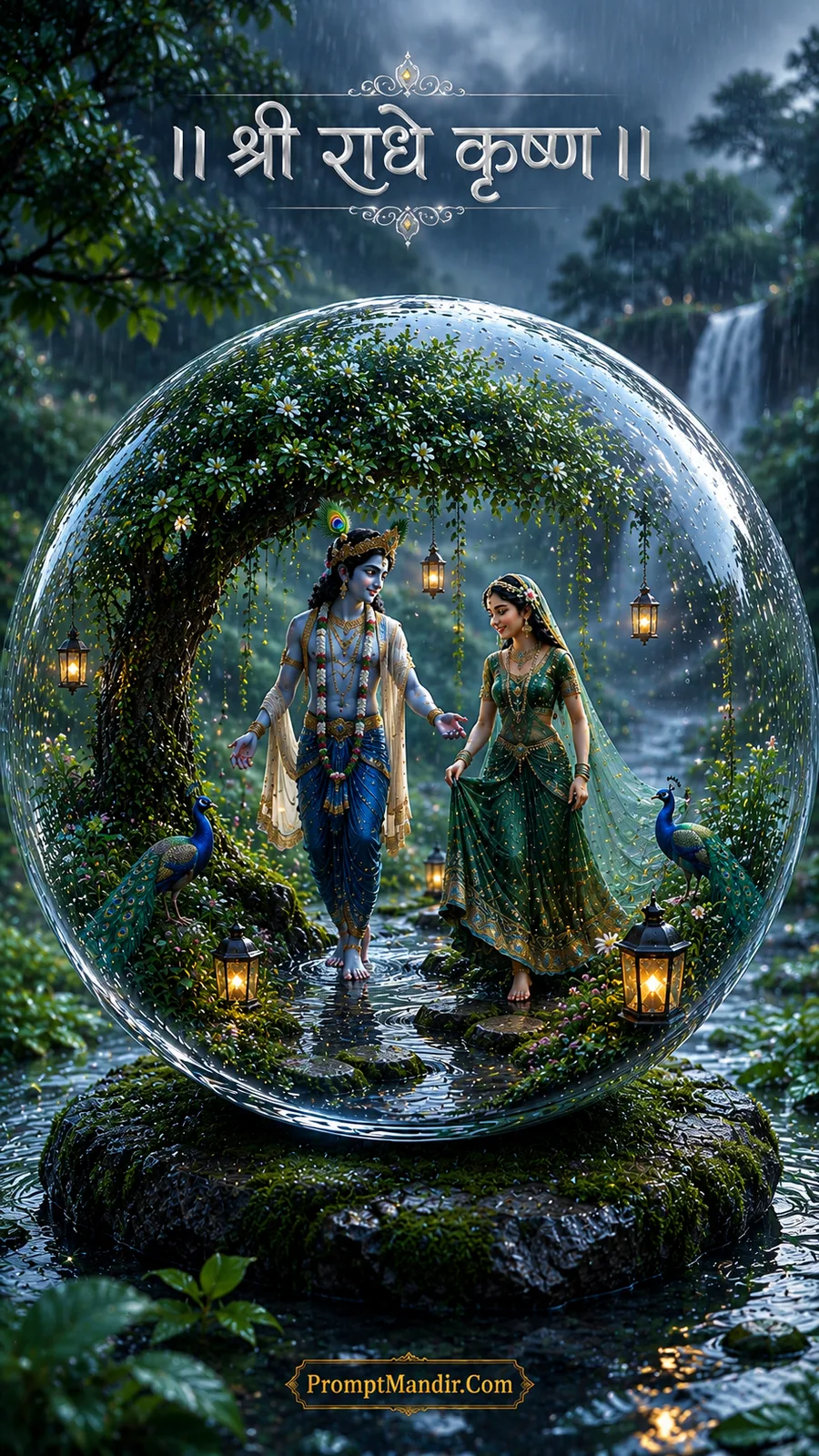 Divine Radha Krishna walking in a lush rainy forest inside a crystal globe with peacocks and lanterns