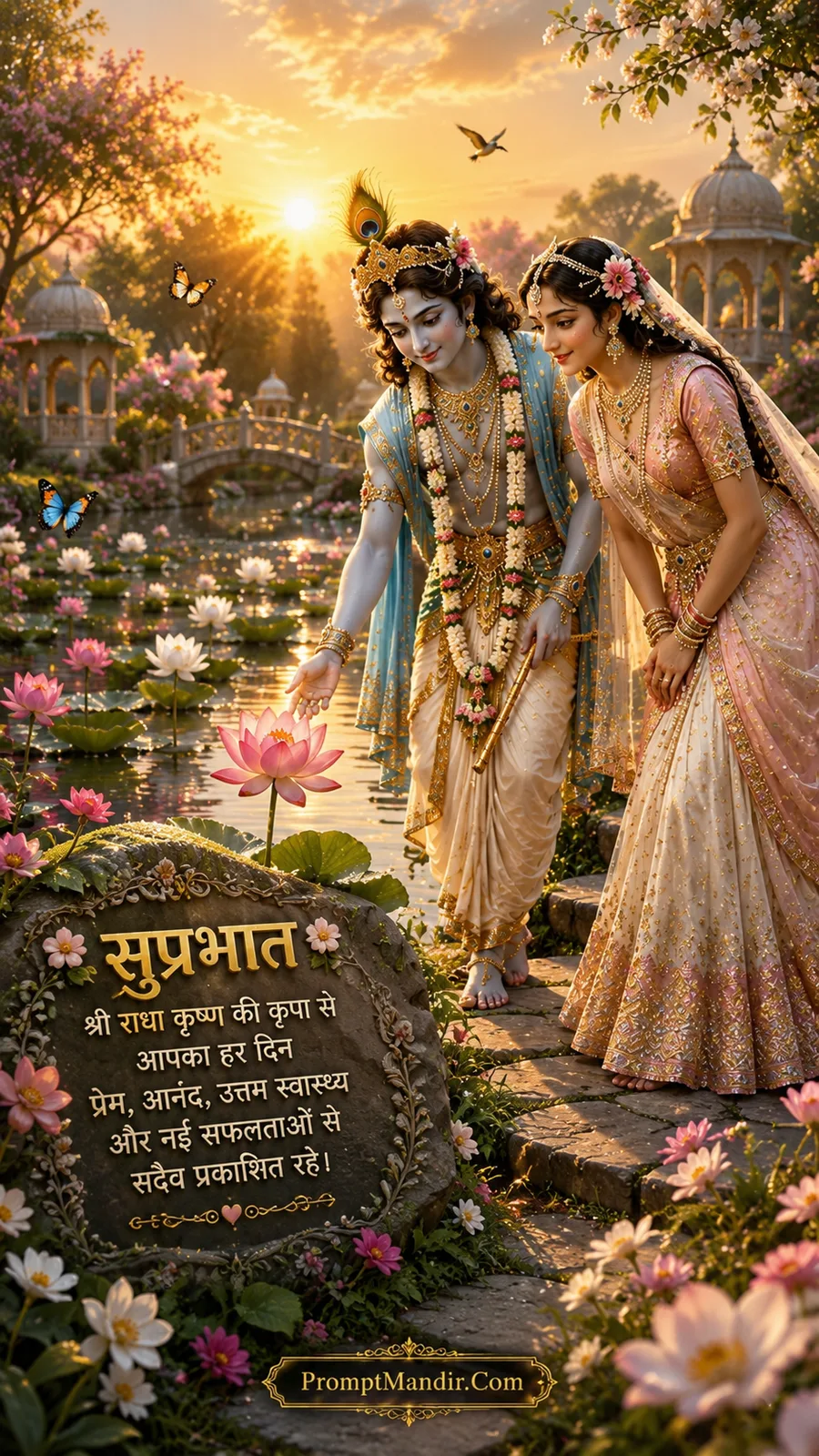 Radha and Krishna admiring a blooming lotus flower in a garden pond at sunrise, with butterflies and a Shubh Prabhat message