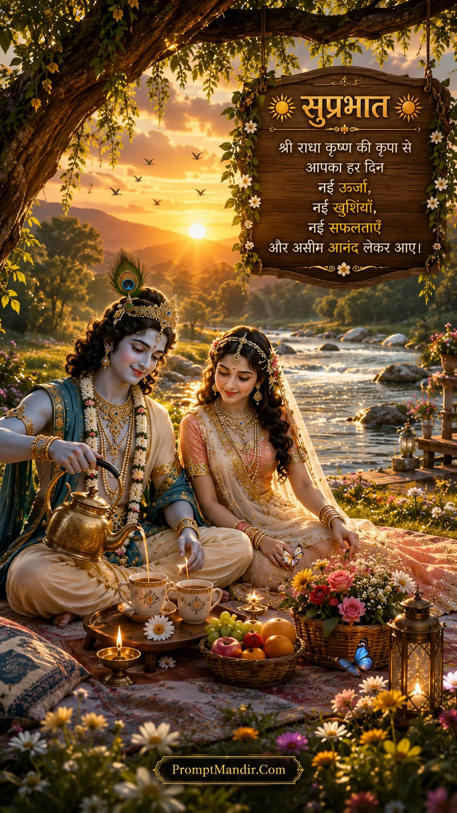 Radha and Krishna having a tea picnic by a river at sunrise, with a golden kettle, cups, fruits, and a Shubh Prabhat message