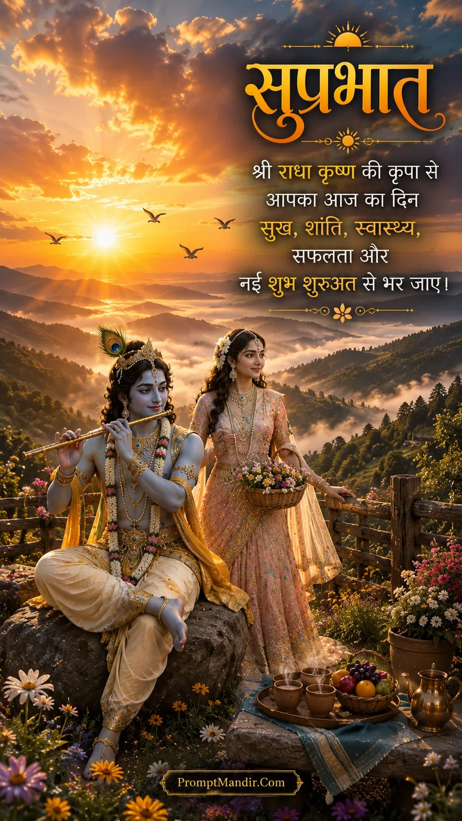 Radha Krishna in a divine mountain valley, with Krishna playing a flute and Radha holding a basket of flowers at sunrise