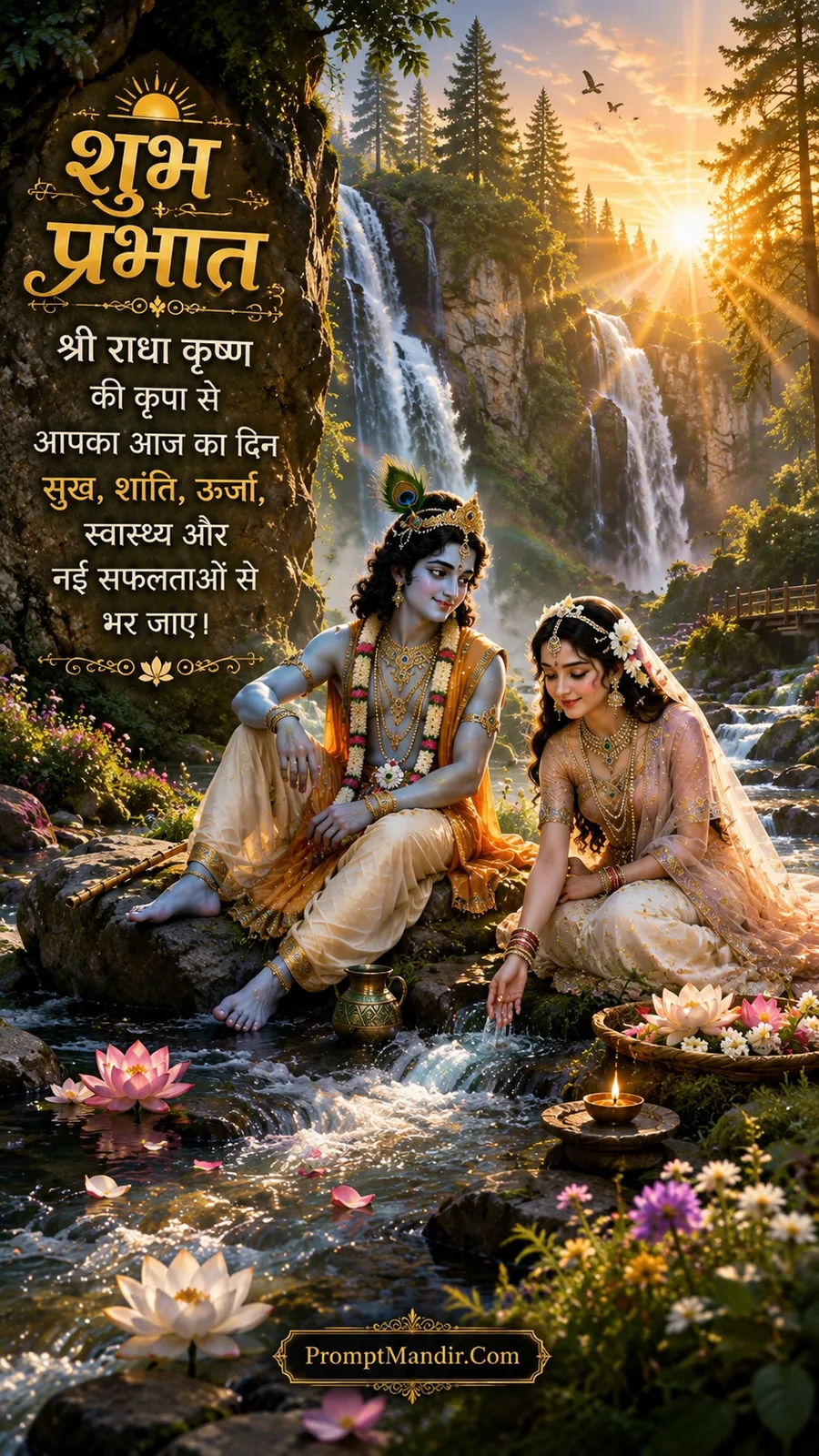Radha and Krishna sitting by a waterfall stream at sunrise, with a rainbow and a Shubh Prabhat message
